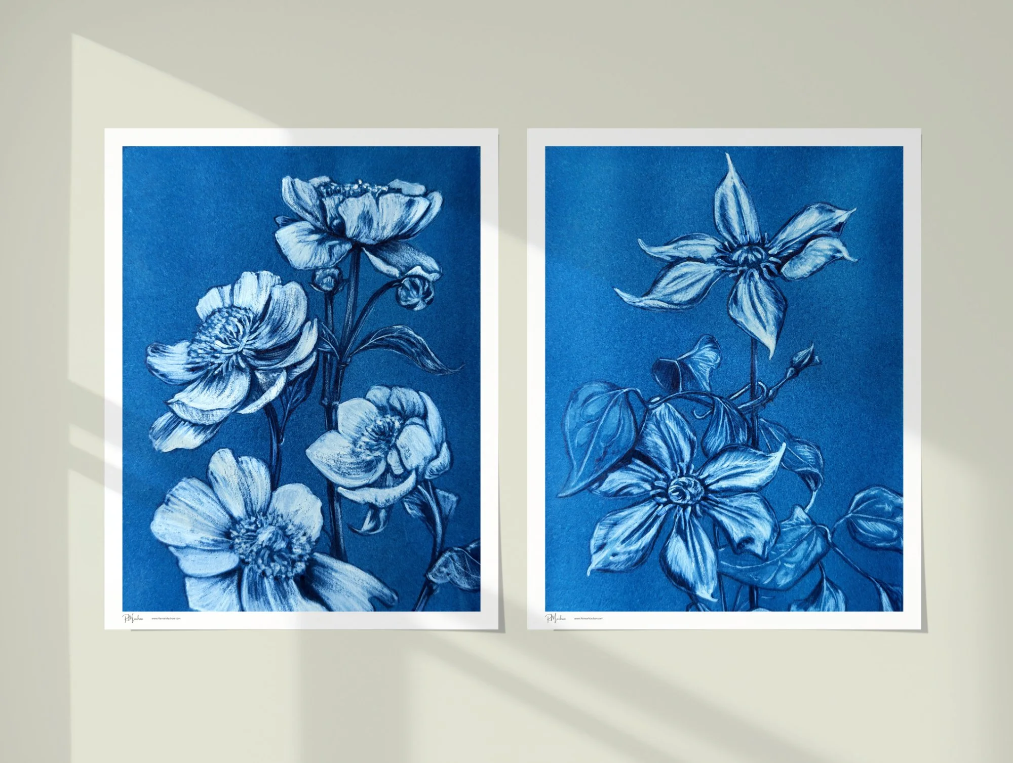 2 Prints - Blue Botanicals - Monochromatic Fine Art Print by Renee Machan
