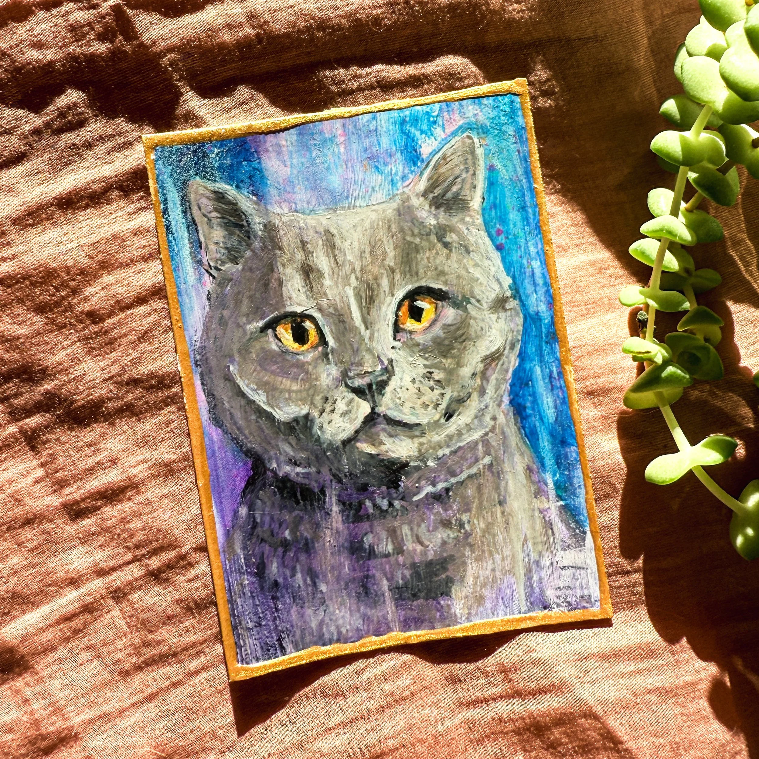 Russian Blue Cat ACEO 2.5x3.5 Original Animal Art in Oil by Renee Machan