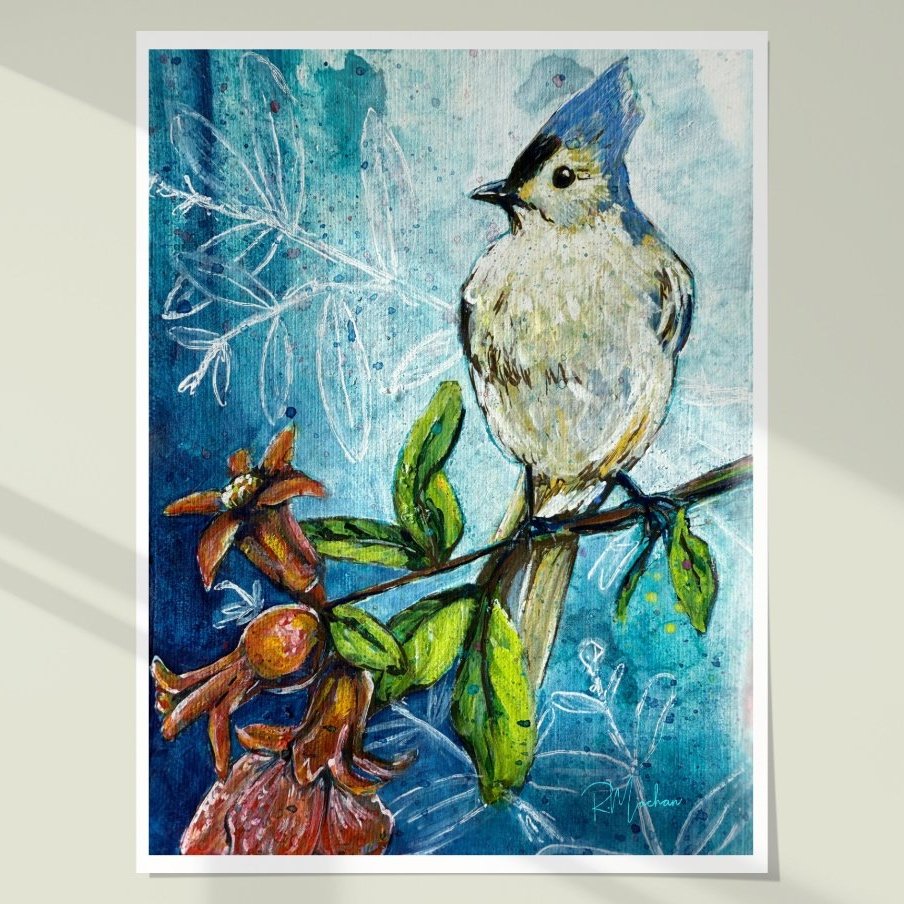 "Bright Thief" – Titmouse with Pomegranate, Open Edition Fine Art Prints in Assorted Sizes