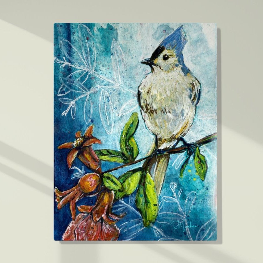 "Bright Thief" – Titmouse with Pomegranate, Limited Edition Fine Art Print Giclee on Canvas