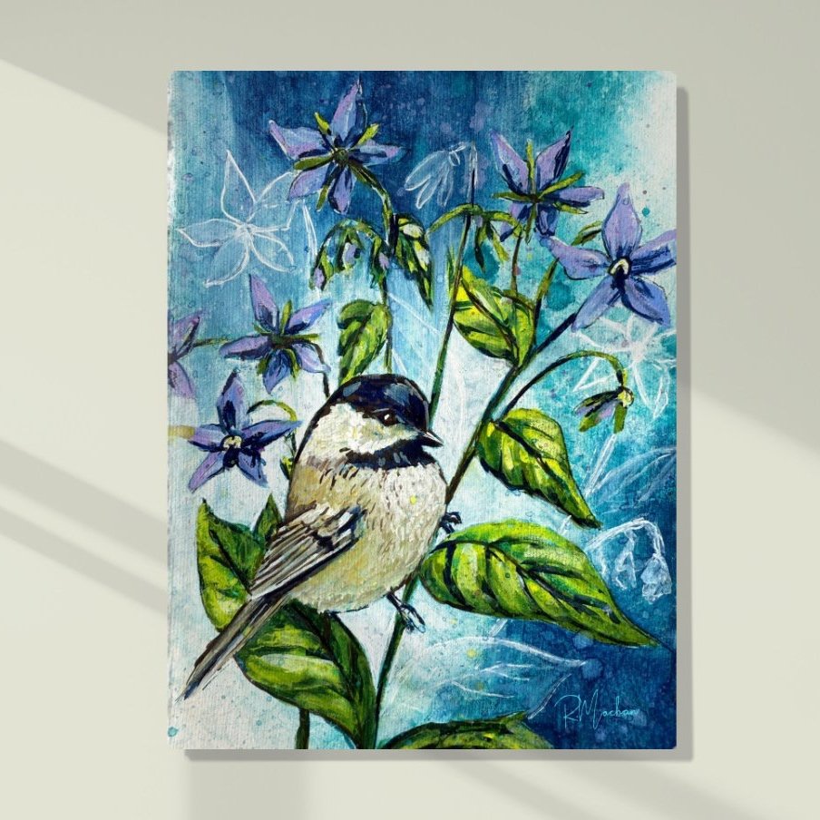 "Blue Stars" – Chickadee with Borage, Limited Edition Fine Art Print Giclee on Canvas