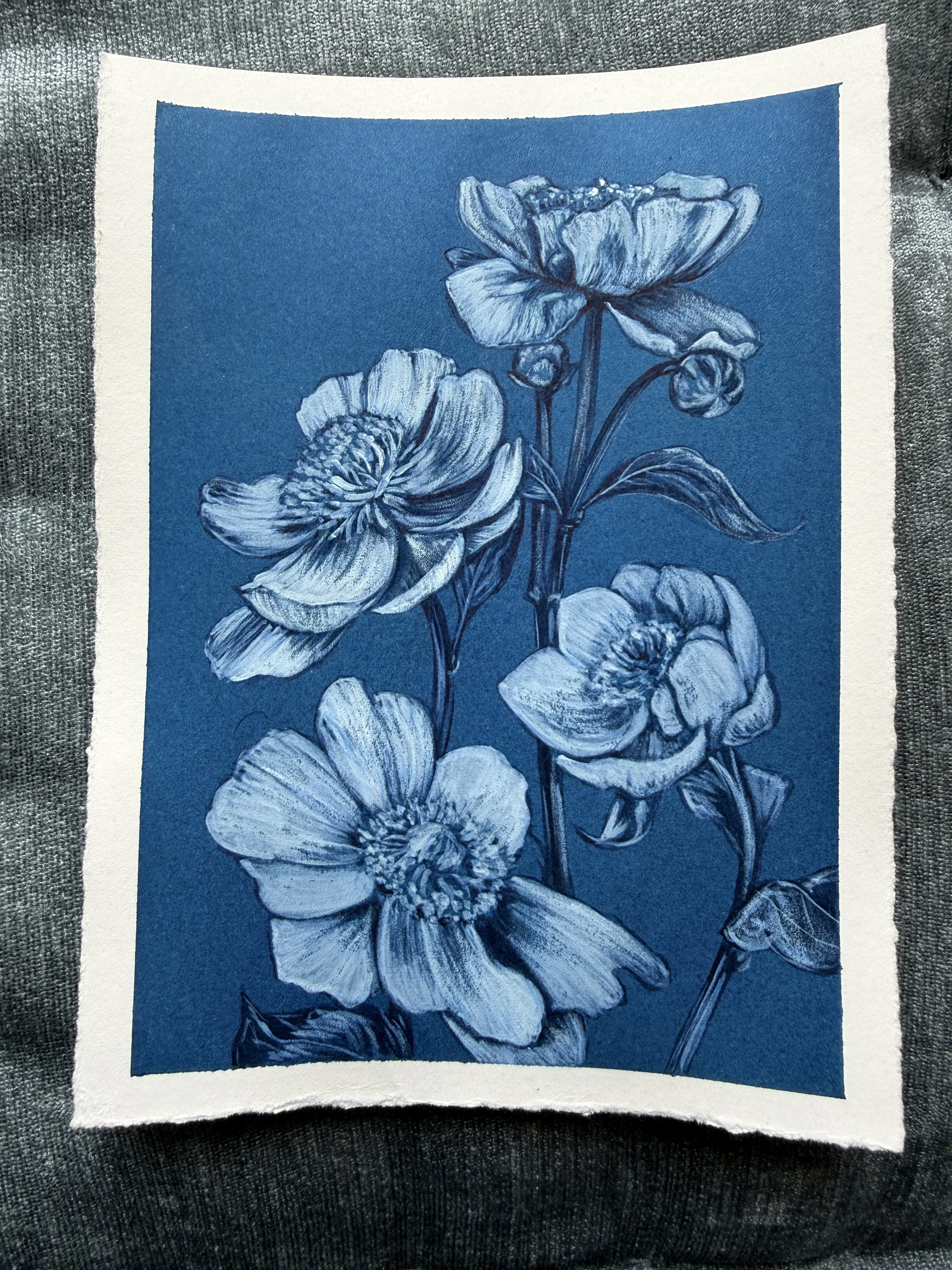 PEONY - Blue Botanicals - Original Monochromatic Ink Painting by Renee Machan