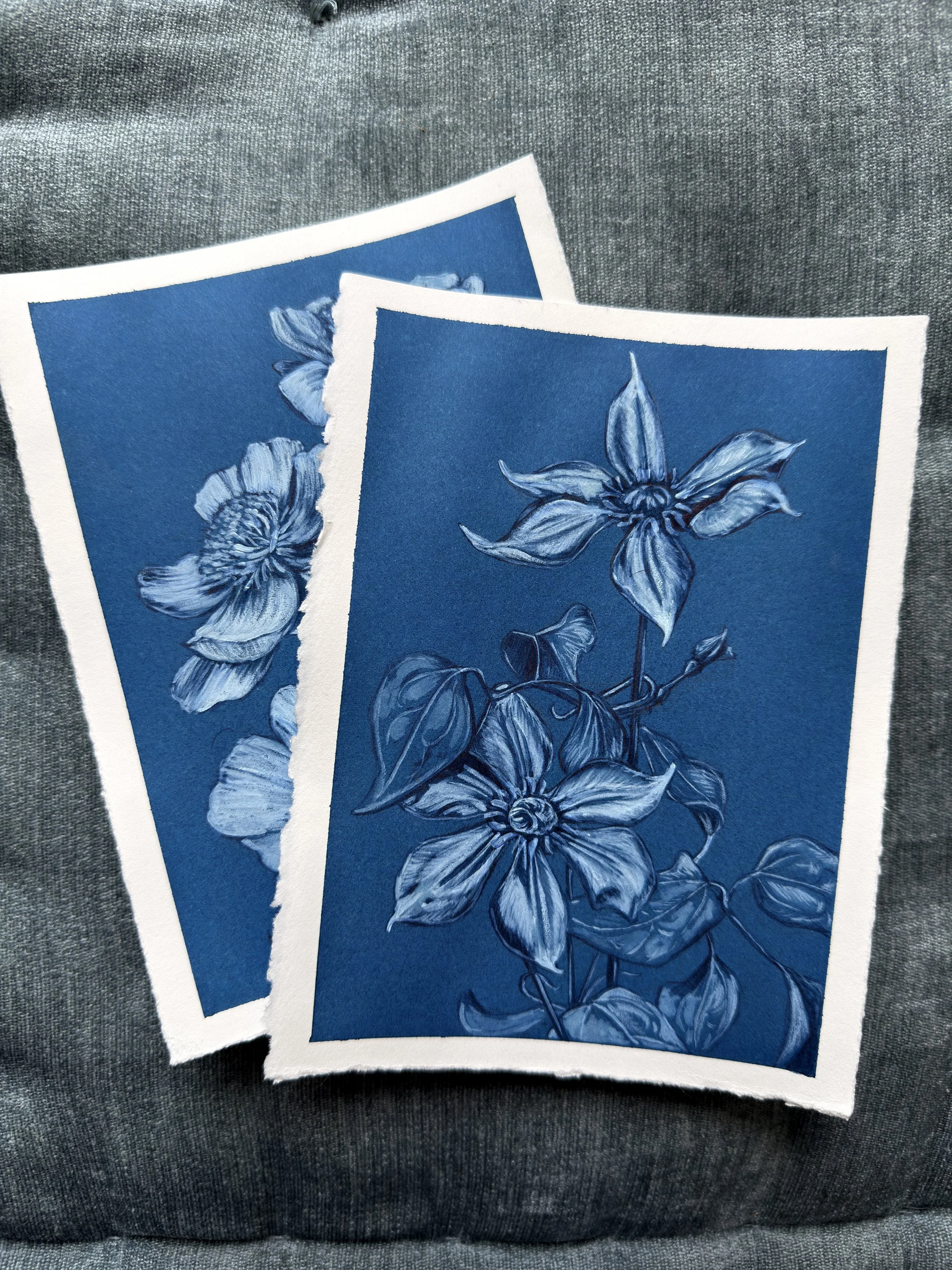 CLEMATIS - Blue Botanicals - Original Monochromatic Ink Painting by Renee Machan