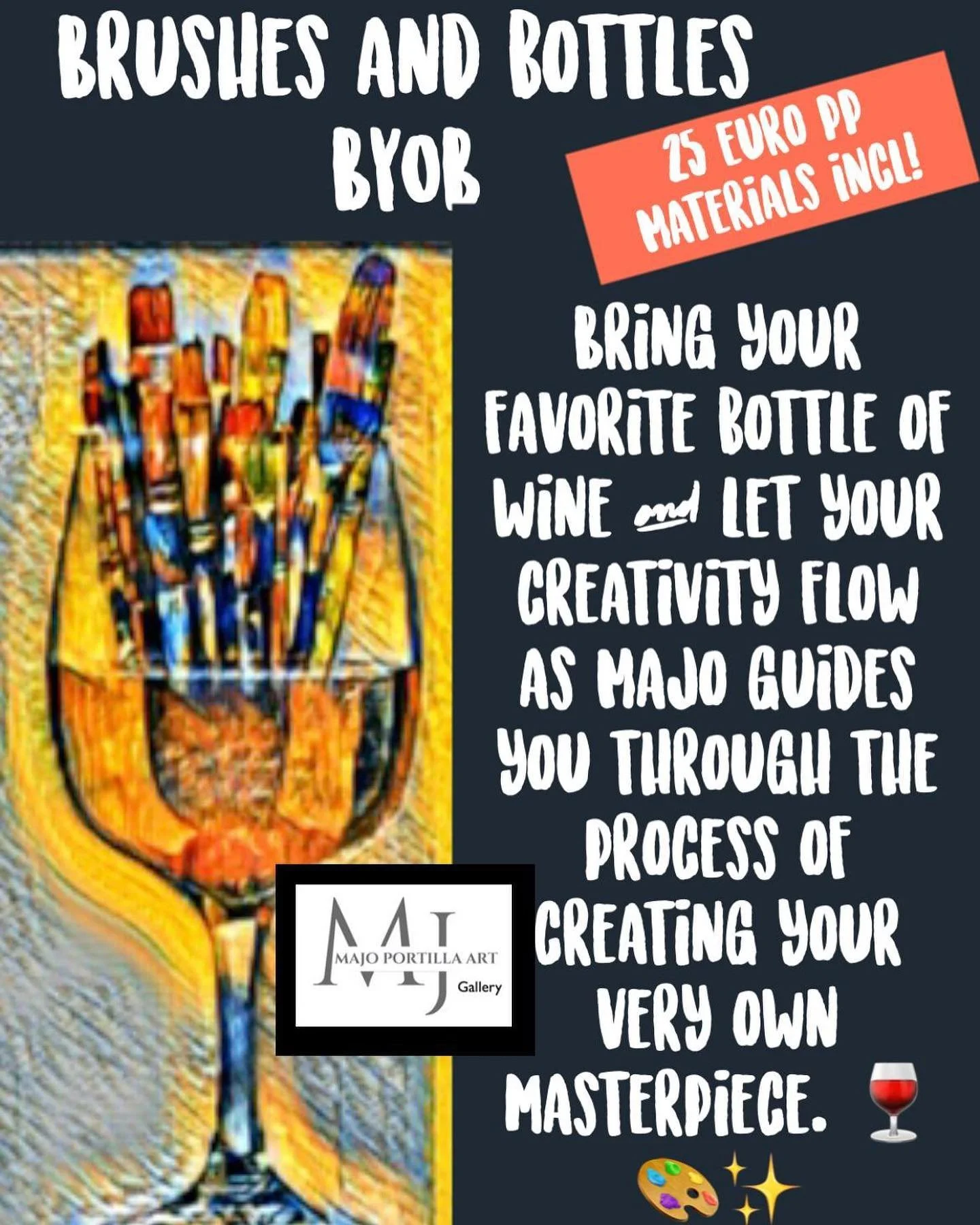 BYOB! Brushes and Bottles 🍾 
Every Thursday 19:00-20:30 in Hilversum 🥳 Teacher and Artist Majo Portilla, will guide you as you create your master painting 🖼️ while sipping wine (or something else). It&rsquo;s BYOB, which means&hellip; bring your o