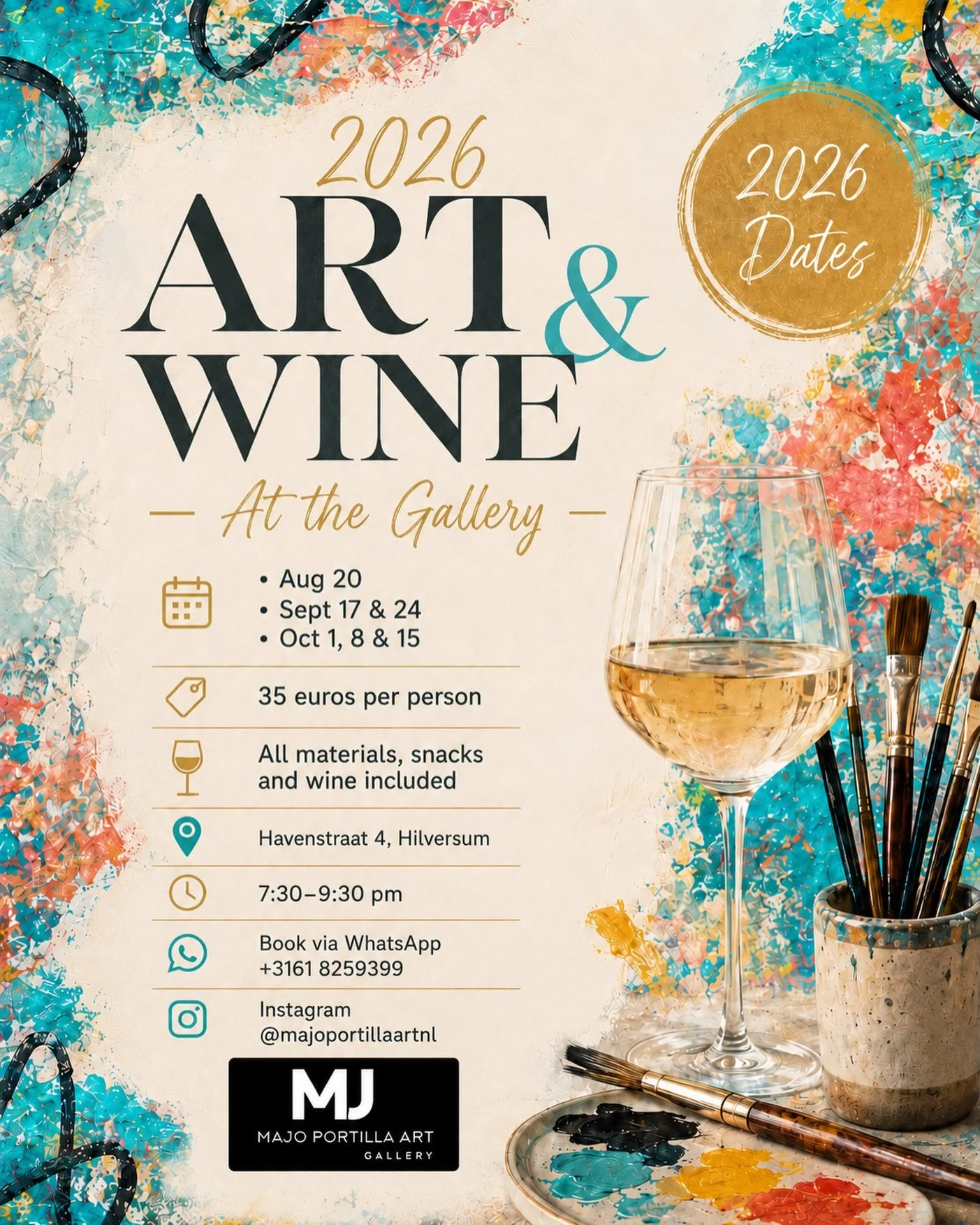 🍷🎨 Your Thursday night plans just got better.

Paint. Sip. Laugh. Create something you&rsquo;ll actually want to take home. ✨

ART &amp; WINE is back for the 2026 season in Hilversum.

No experience needed. No pressure to be &ldquo;good at art.&rdq