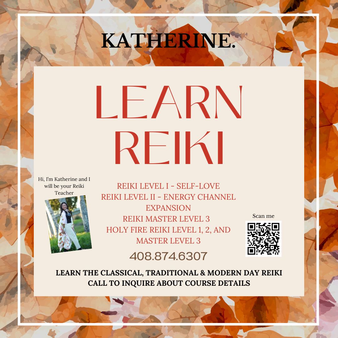 Reiki class advertisement with a background of autumn leaves, including a photo of Katherine, a QR code, and contact information.
