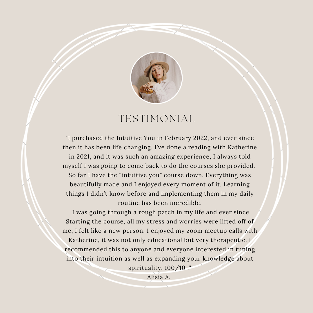 Testimonial card with a woman in a hat holding food at the top, surrounded by a circular white line design on a beige background, containing a positive review about a spiritual course.