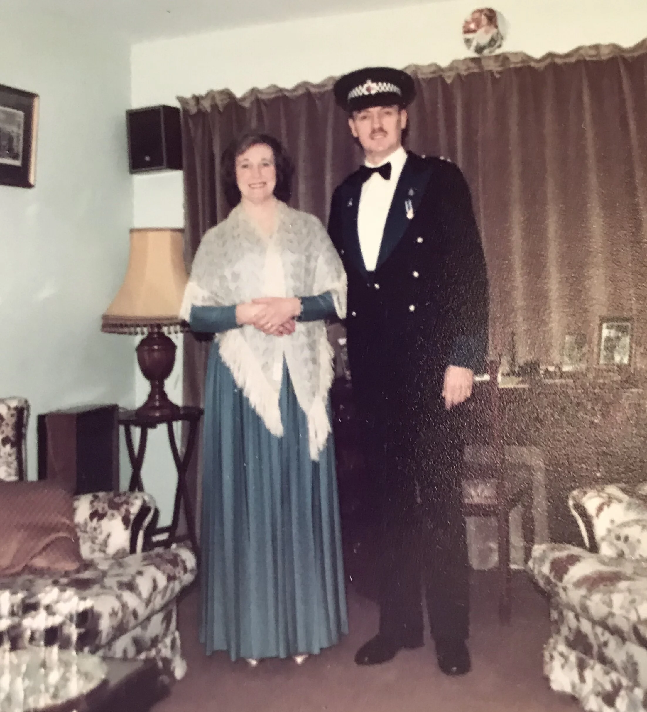 Now, as an Inspector of Police, Traffic Division, in service dress escorting my wife Nancy to a Force Dining-in-Night.