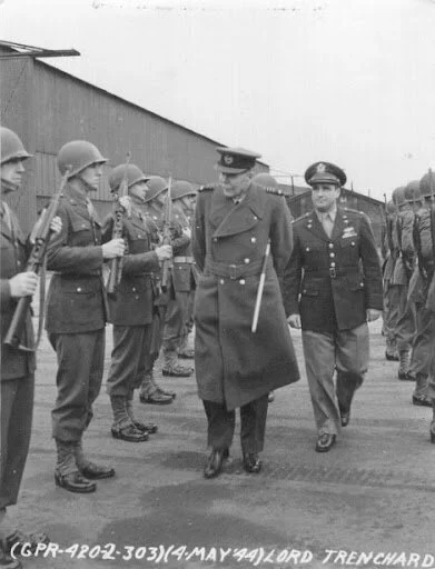 Marshal of the Royal Air Force Lord Trenchard inspecting U.S. Forces in England in 1944.