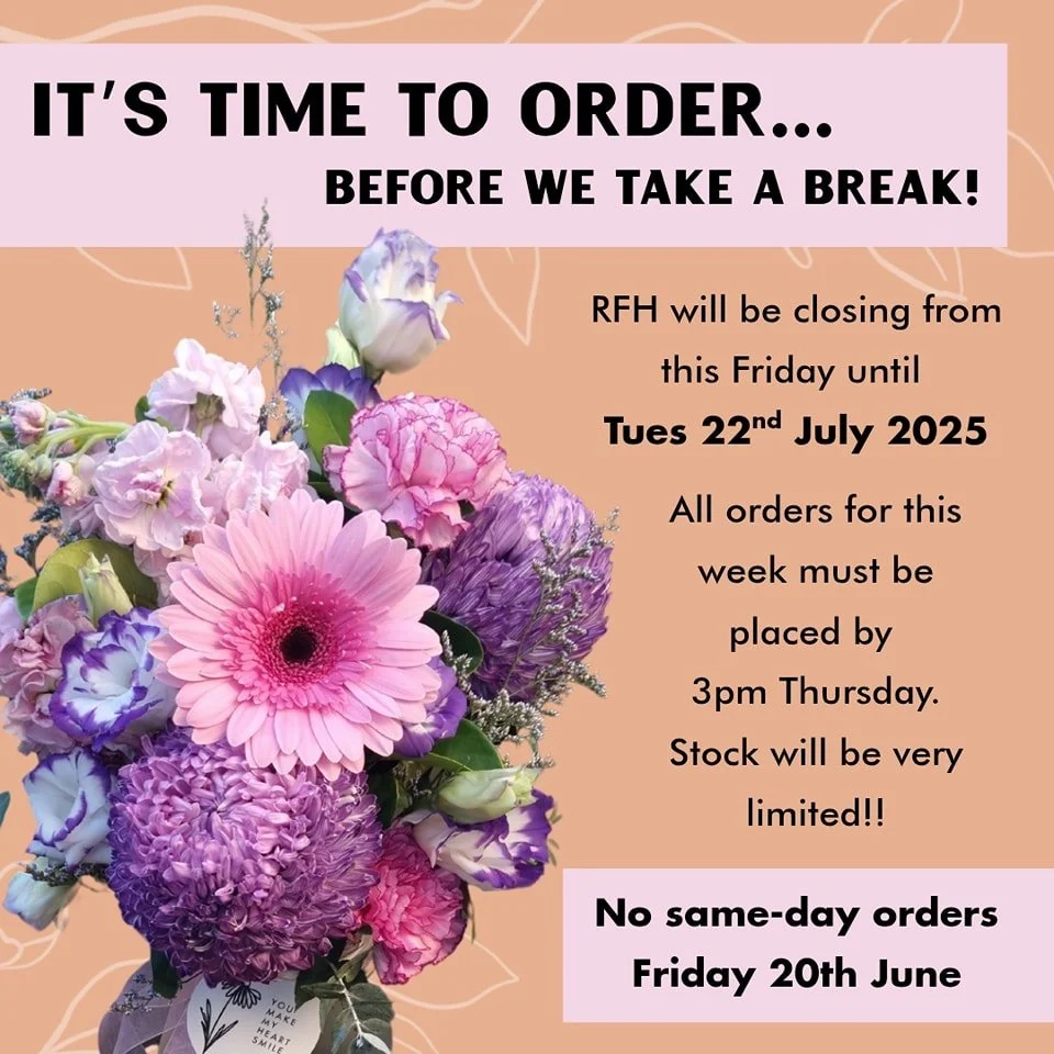 This week is your last chance to order flowers before we make an escape to warmer weather! 🌻

Renmark Flower House is taking a much needed break for the next 4 weeks and will be reopening on Tuesday 22nd July 🌸

We will have limited stock available