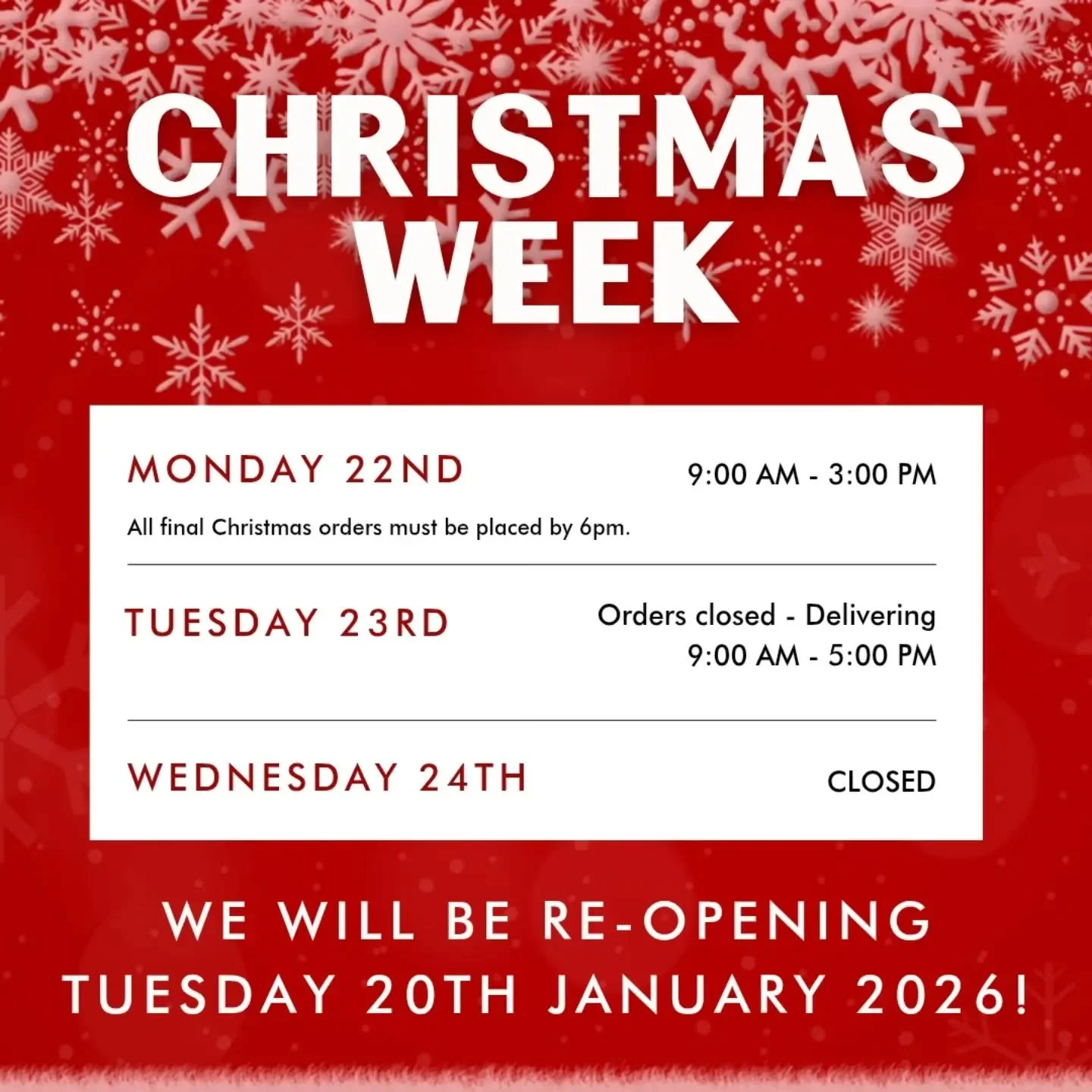 It's nearly here! 🎄🥂

We'll be opening next week on Monday 22nd and Tuesday 23rd for deliveries, however orders will close Monday 6pm for any Tuesday deliveries (meaning no same day orders!). Christmas arrangements are now available online - don't 