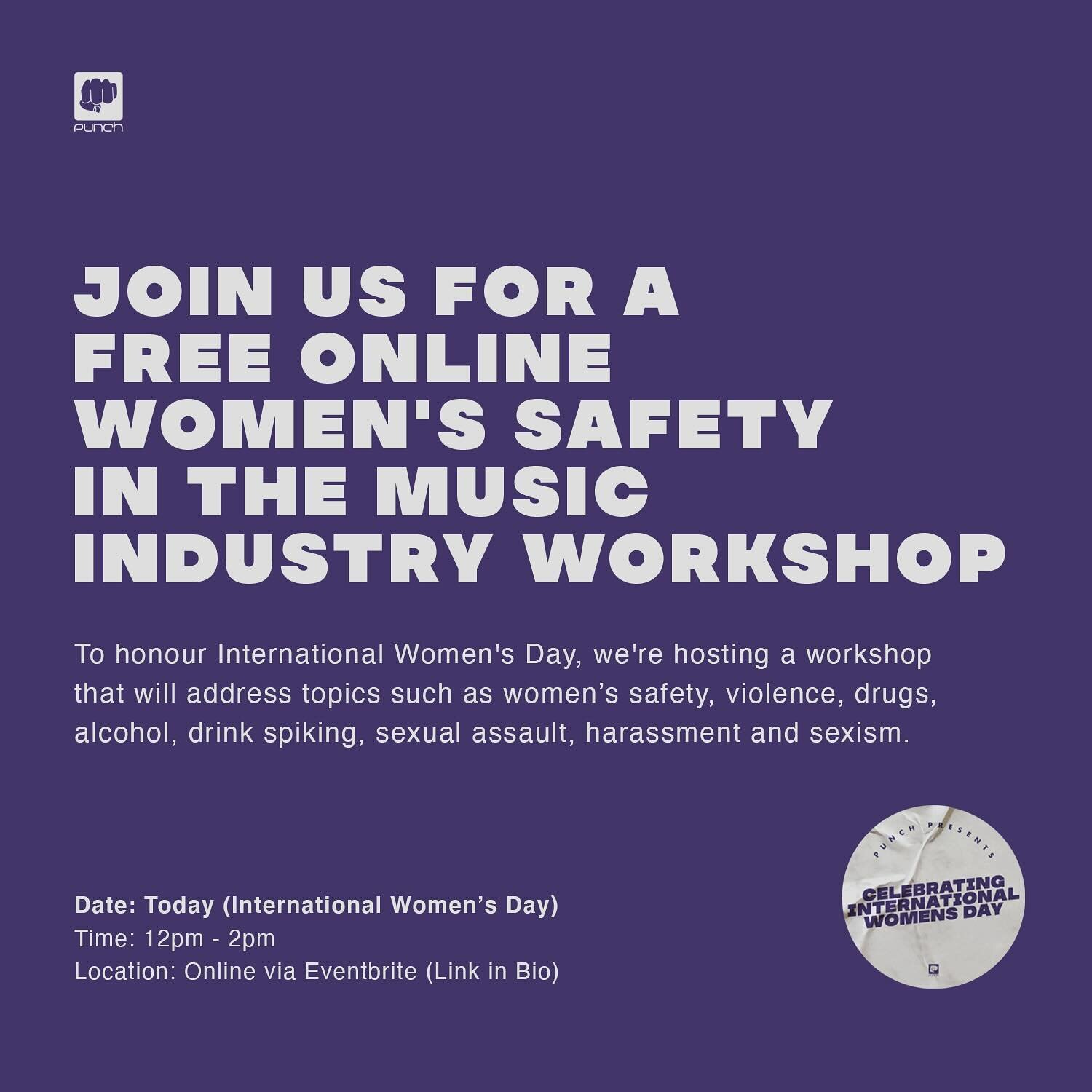 Happy International Women&rsquo;s Day🥳

We&rsquo;re offering free spots to an online workshop that addresses women&rsquo;s safety in music, it&rsquo;s a very important workshop for any woman trying to get into music or working in music currently.

T