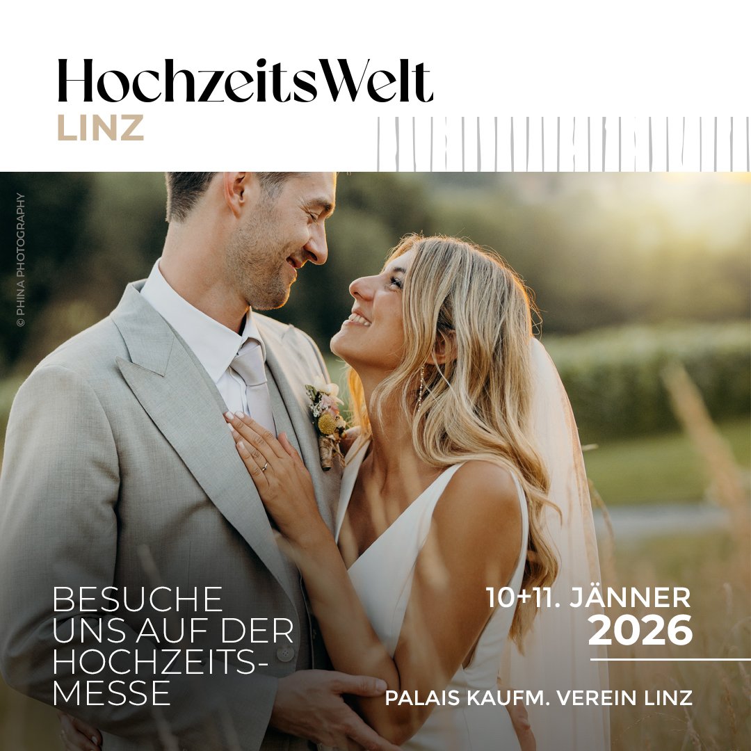 Besucht uns auf der Hochzeitswelt in Linz und lasst euch f&uuml;r euren gro&szlig;en Tag inspirieren. Am Sa, 10. + So, 11. J&auml;nner 2026 im Palais Kaufm&auml;nnischer Verein. 

Entdeckt traumhafte Brautmode, stilvolle Looks f&uuml;r Br&auml;utigam