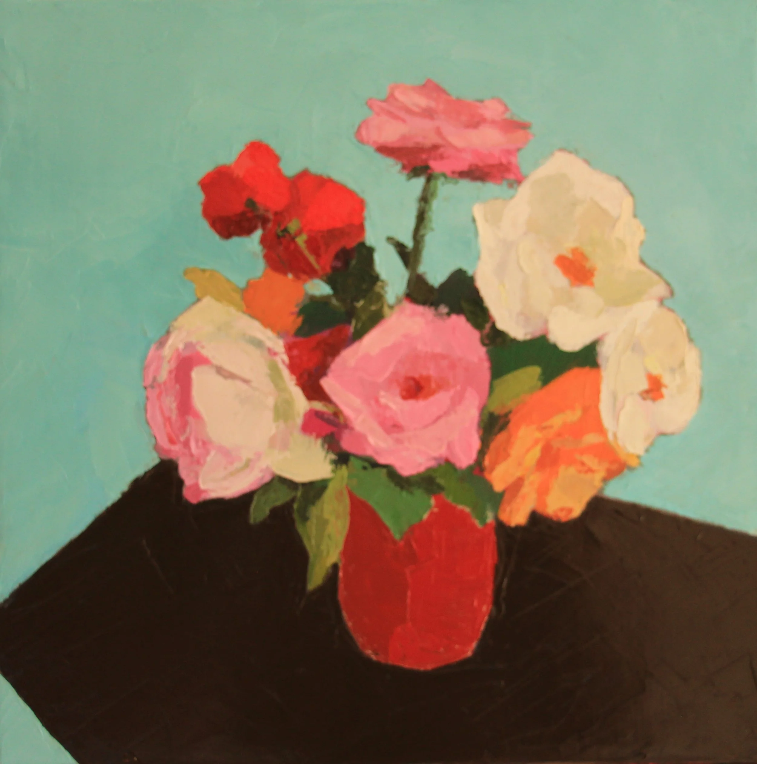  Bouquet de rose au vase rouge  2024  40 X 40 cm  Disponible 