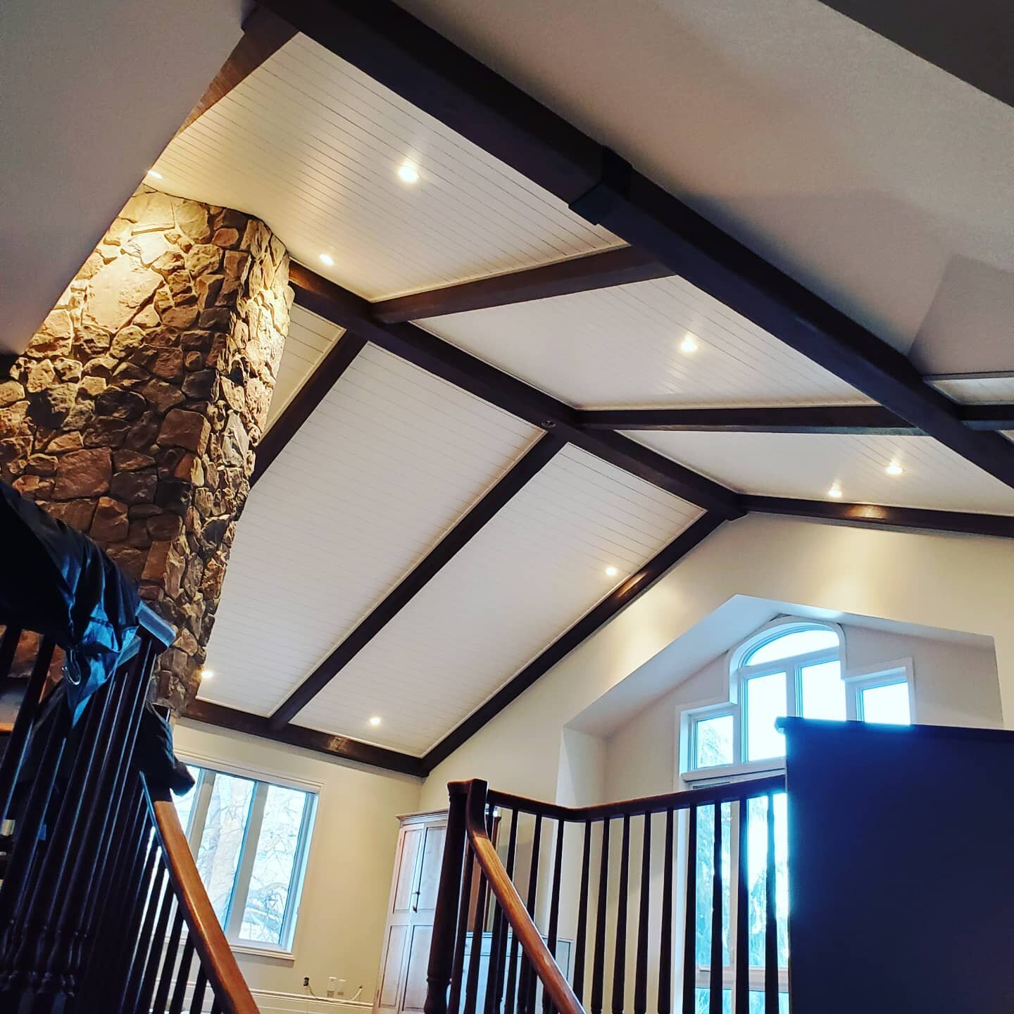 Updated vaulted ceiling photos. 
We've installed the shiplap and sprayed it out. Waiting for the chandelier. What a transformation.
#ceilingsofinstagram #londonontario #519ldn #shiplap #ontario #canada #customwork