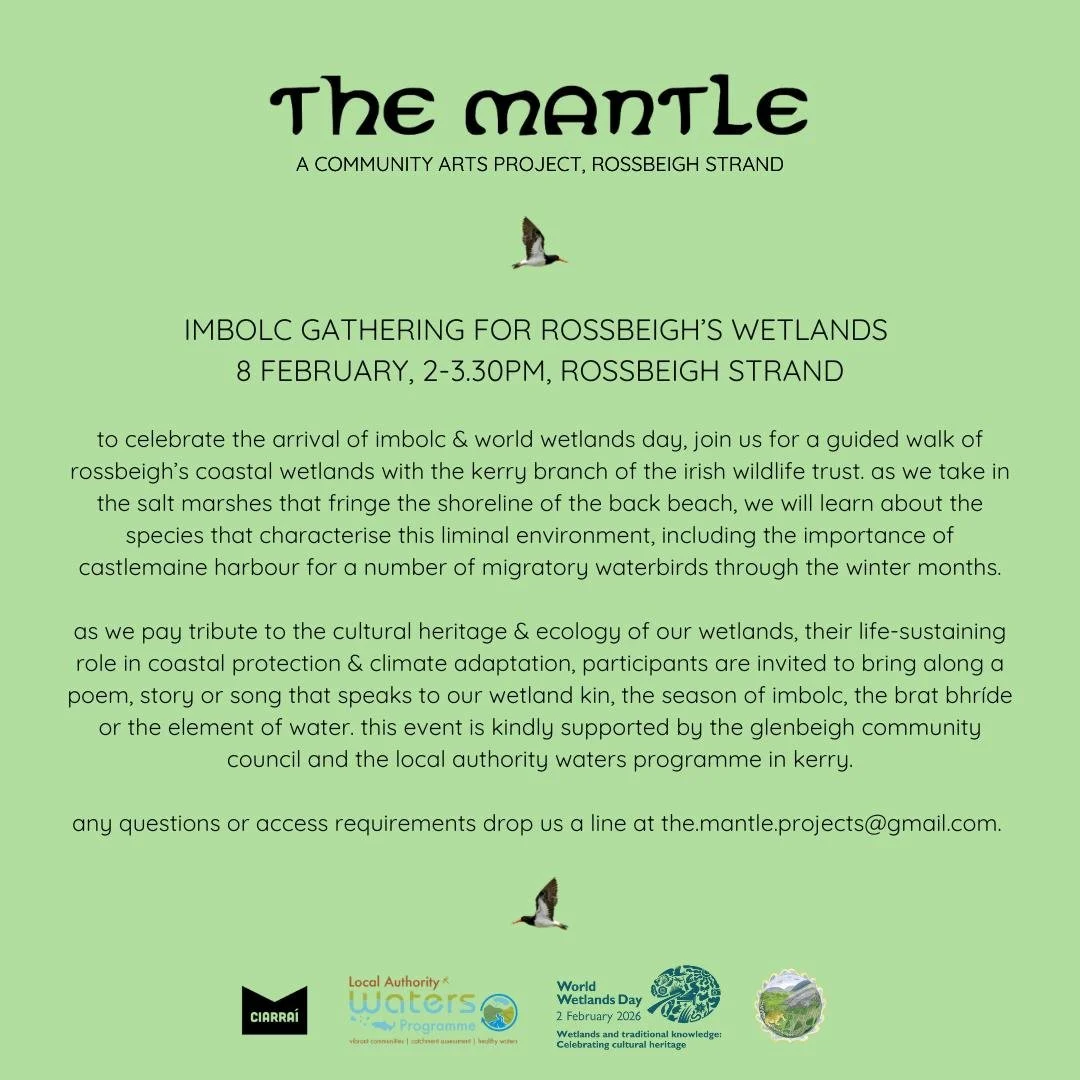 Flyer for 'The Mantle,' a community arts project at Rossbeigh Strand, promoting an imbolc gathering on February 8th with details about the event, supportive logos at the bottom, and images of a bird.