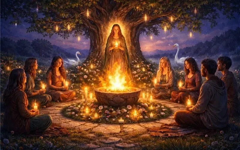 People sitting cross-legged in a circle around a fire under a large tree with glowing lanterns and swans nearby, at night.