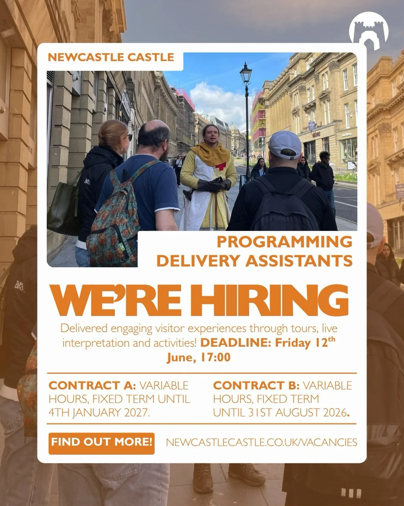 🏰 Join the Newcastle Castle team! 🏰

We&rsquo;re recruiting for two seasonal Programming Delivery Assistants to help bring Newcastle Castle&rsquo;s stories to life through historic walking tours, events, activities, and live interpretation.

If you