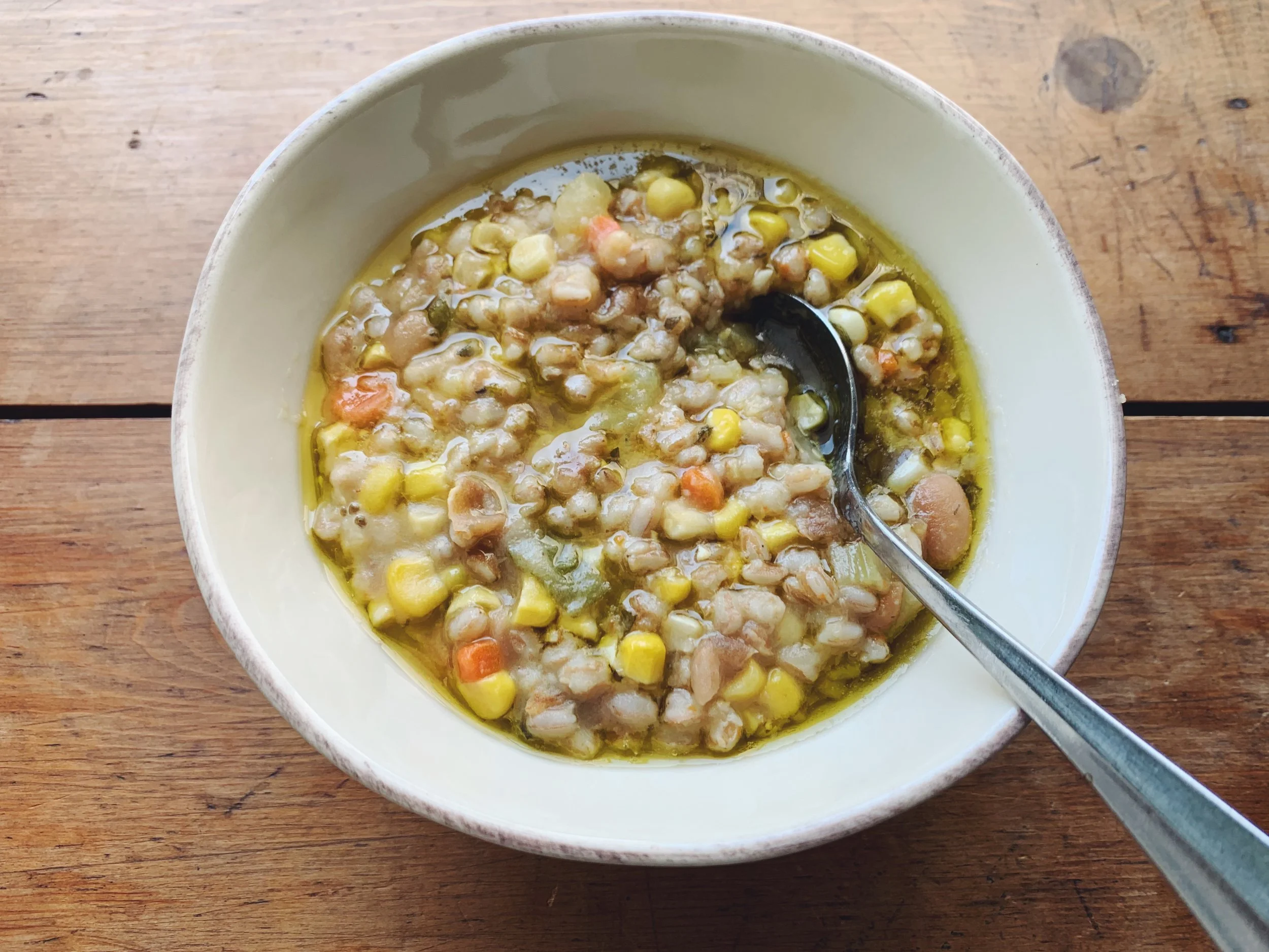 Late Summer Corn and Farro Soup