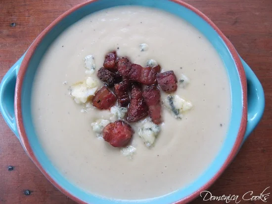 Cream of Cauliflower Soup with Smokey Blue Cheese and Pancetta Croutons