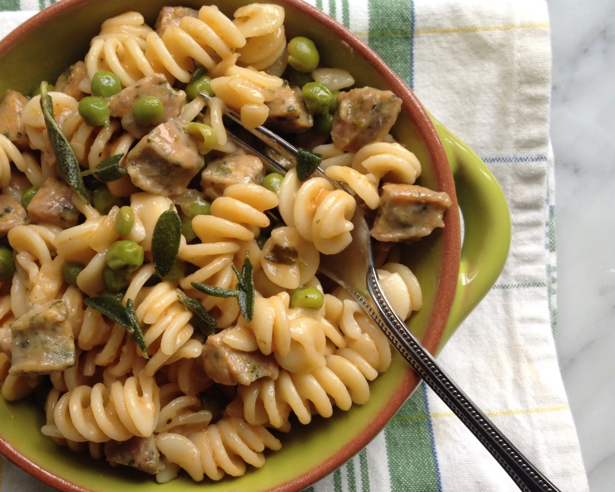 Fusilli with Sausage, Peas, and Crispy Sage