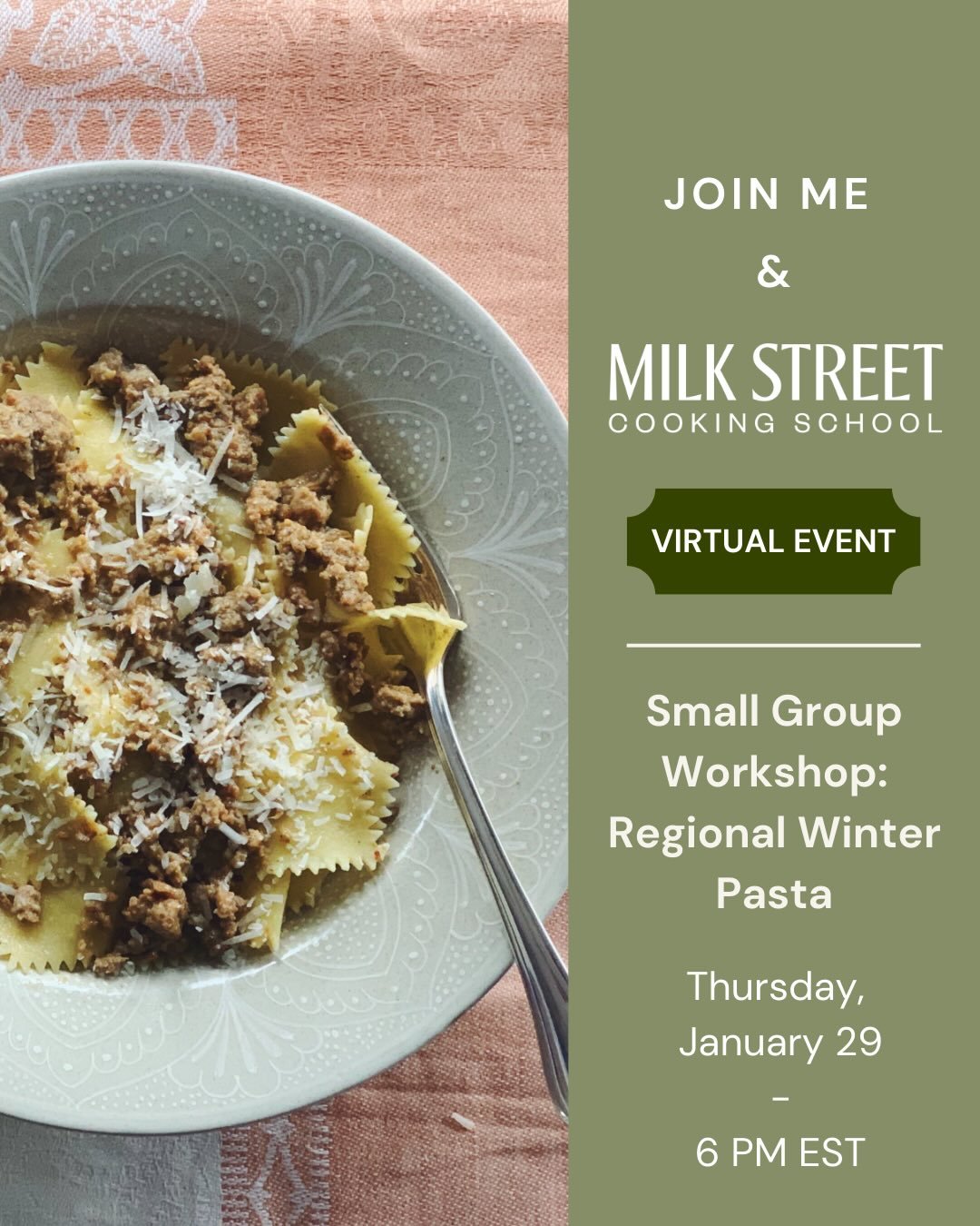 Winter is the perfect time to make fresh pasta at home! Join me for an online SMALL GROUP WORKSHOP in collaboration with @177milkstreet 🌟
.
I&rsquo;ll teach you how to make beautifully rustic, hand-cut  egg maltagliati. We&rsquo;ll also make a rich 