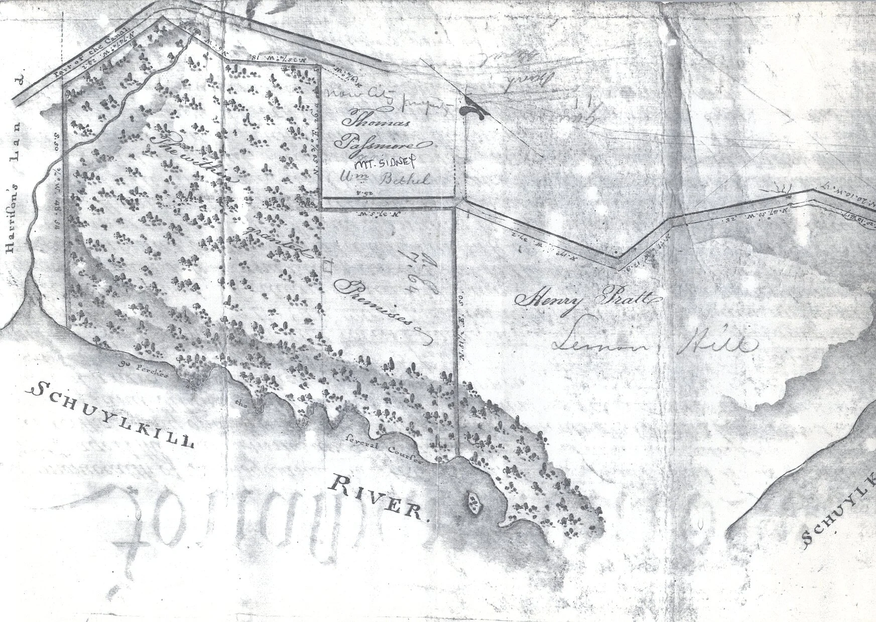  Pratt’s 1799 land purchase and neighboring estates.  The site of Lemon Hill is on the lower right. Photo courtesy Philadelphia Parks &amp; Recreation. 