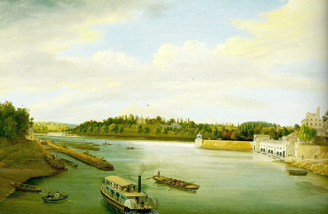  A later view of Lemon Hill Mansion, the greenhouse, and the Fairmount Water Works circa 1821.  Photo courtesy Philadelphia Parks &amp; Recreation 