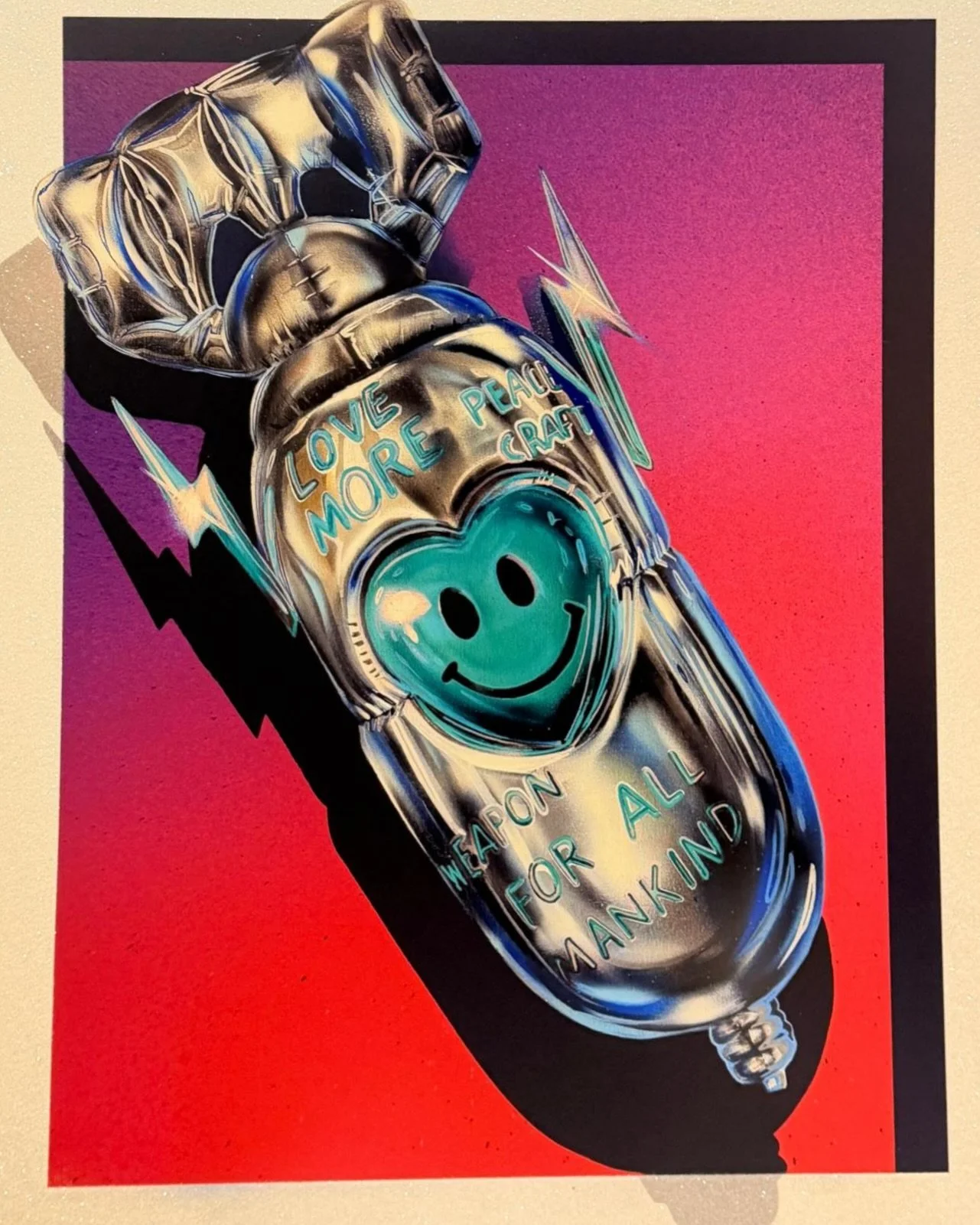 Artwork by Maxim x Fanakapan - Love Bombs. 
Amazing collaboration by these two artists. Amazing screen prints with diamond dust finish. Very limited edition. Comes on aluminium or artpaper base. For full collection go to our website. Love bombing is 