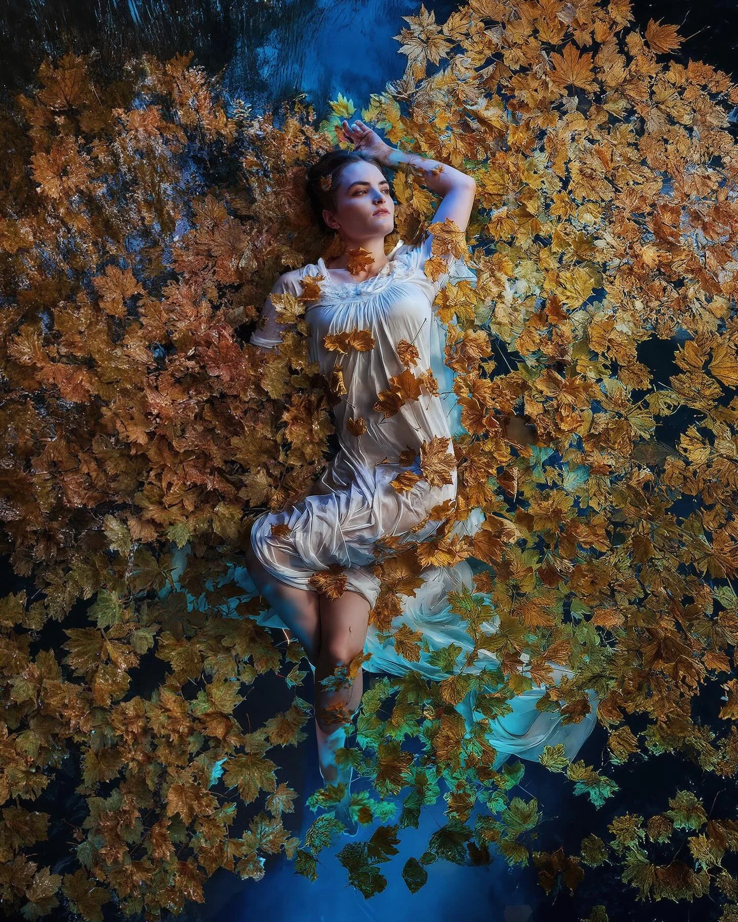 &ldquo;She rested where the seasons go when they&rsquo;re done becoming.&rdquo;

Photographed after midnight in @davejunion &lsquo;s water tank with maple leaves saved from last autumn 🍂 Vibe check - from your standpoint, does this hit you any diffe