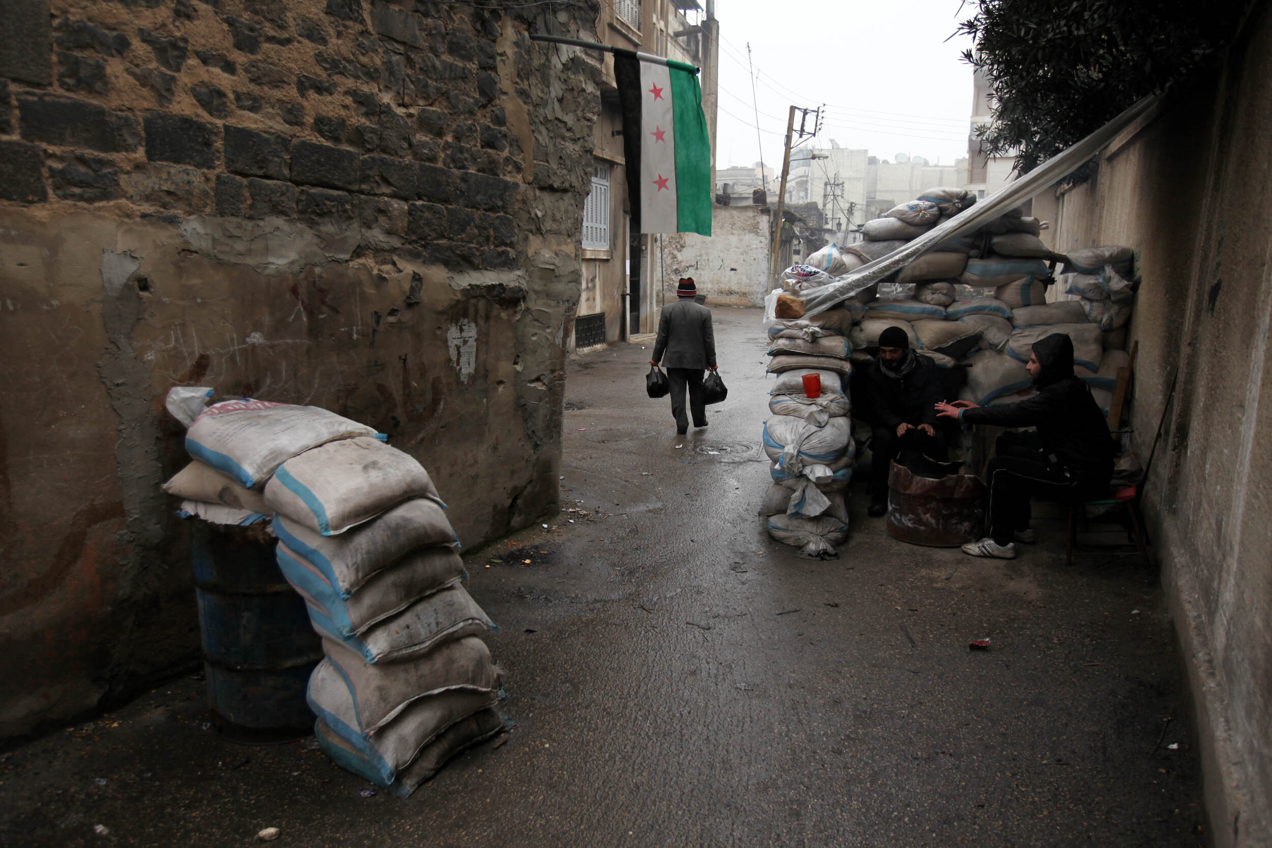  Newly-installed FSA checkpoint in the Old city, Homs, Jan 25/2012. 