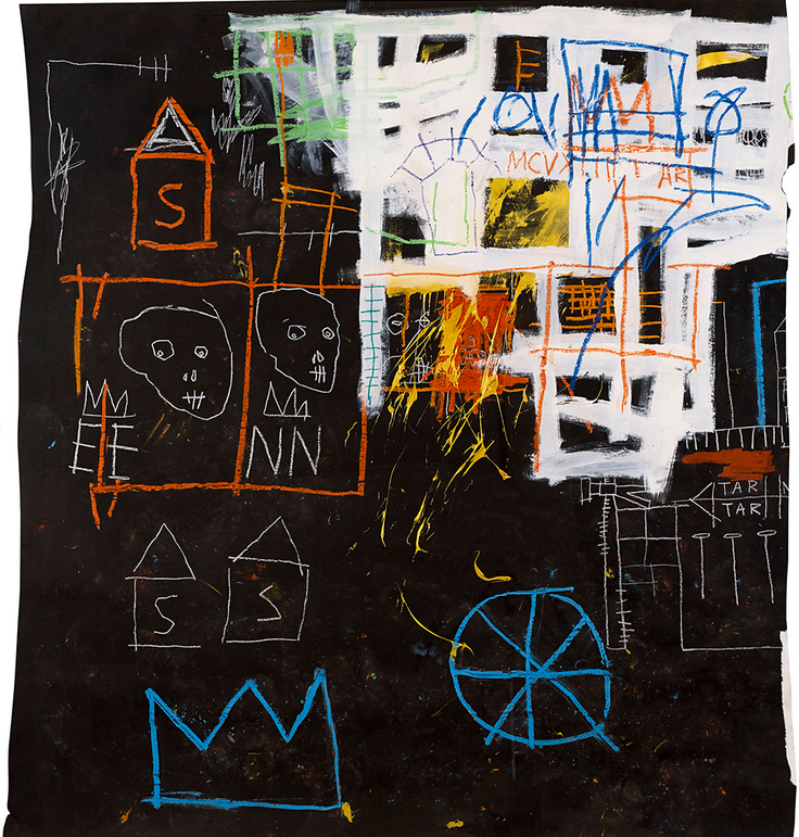igormaglica:

Jean-Michel Basquiat (1960-1988), Untitled (Bracco di Ferro), 1983.
acrylic and oil stick on canvas with wood suppports, 183 x 183 cm