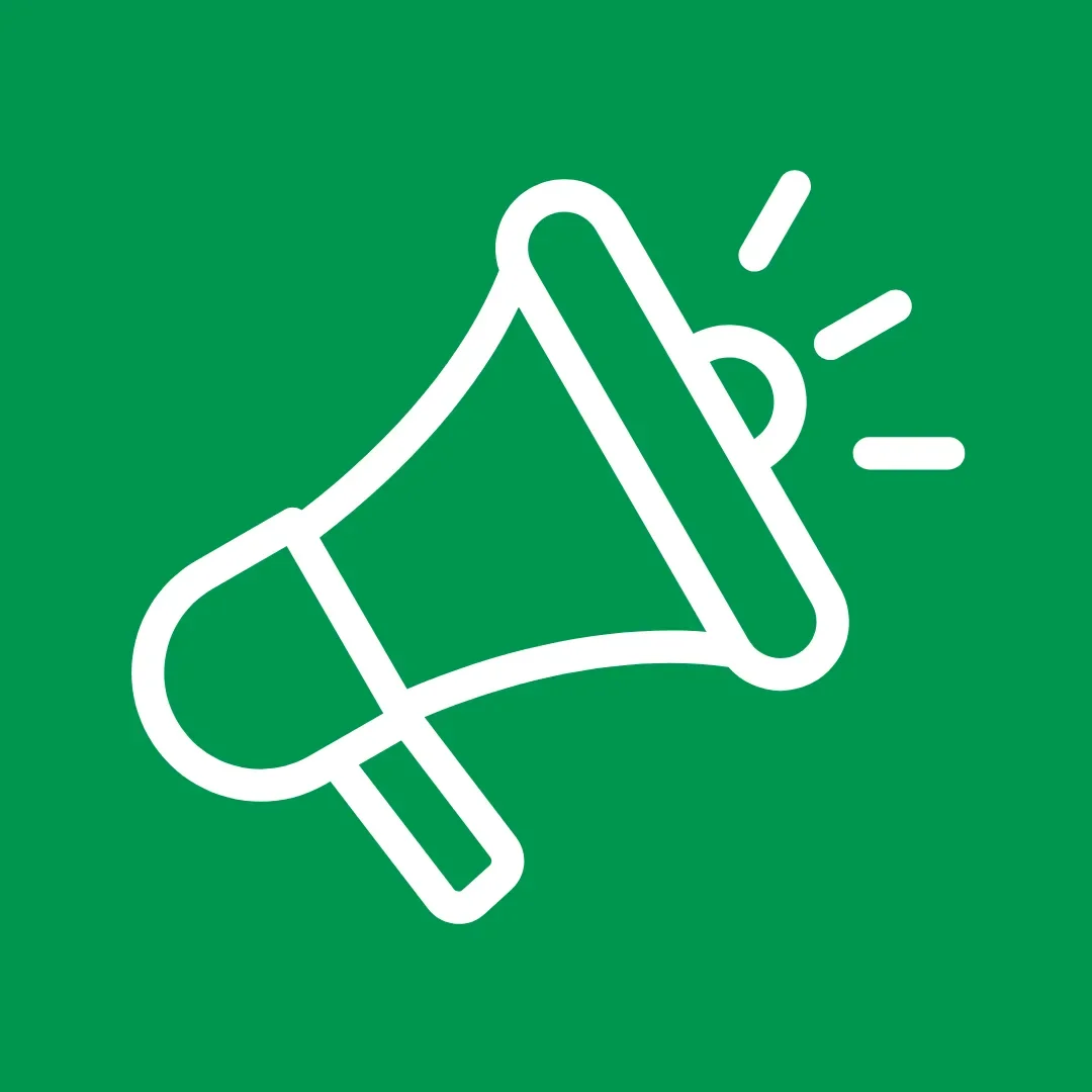 Green background with white outline of a megaphone emitting sound lines.