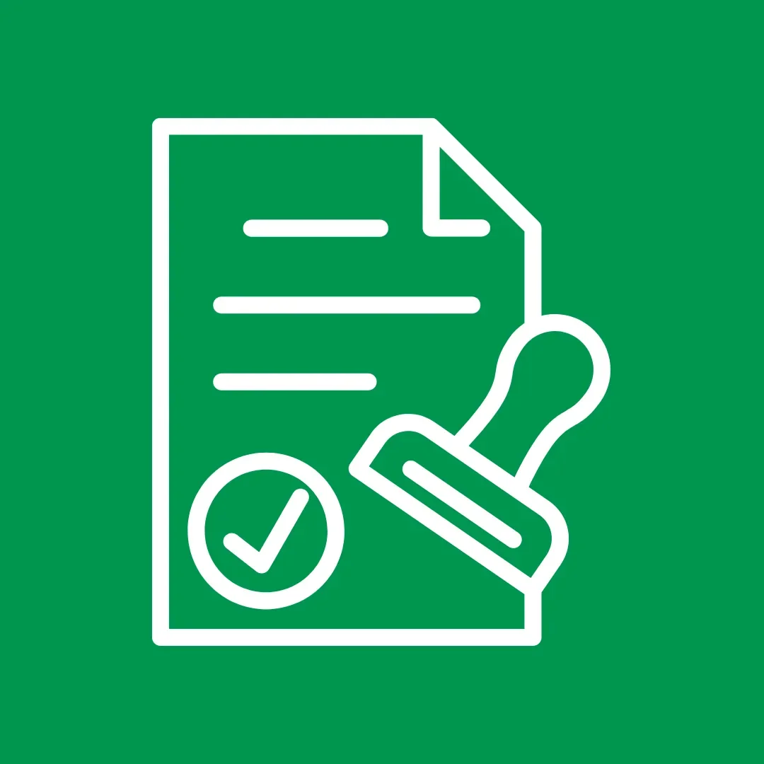 Icon of a document with a checkmark and a rubber stamp.