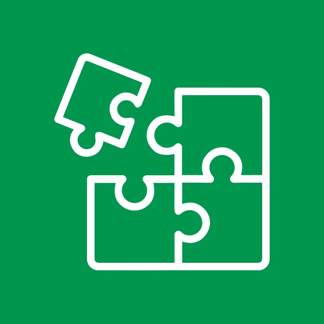 Green background with white outlined four puzzle pieces, with one piece slightly above and to the left of the others.