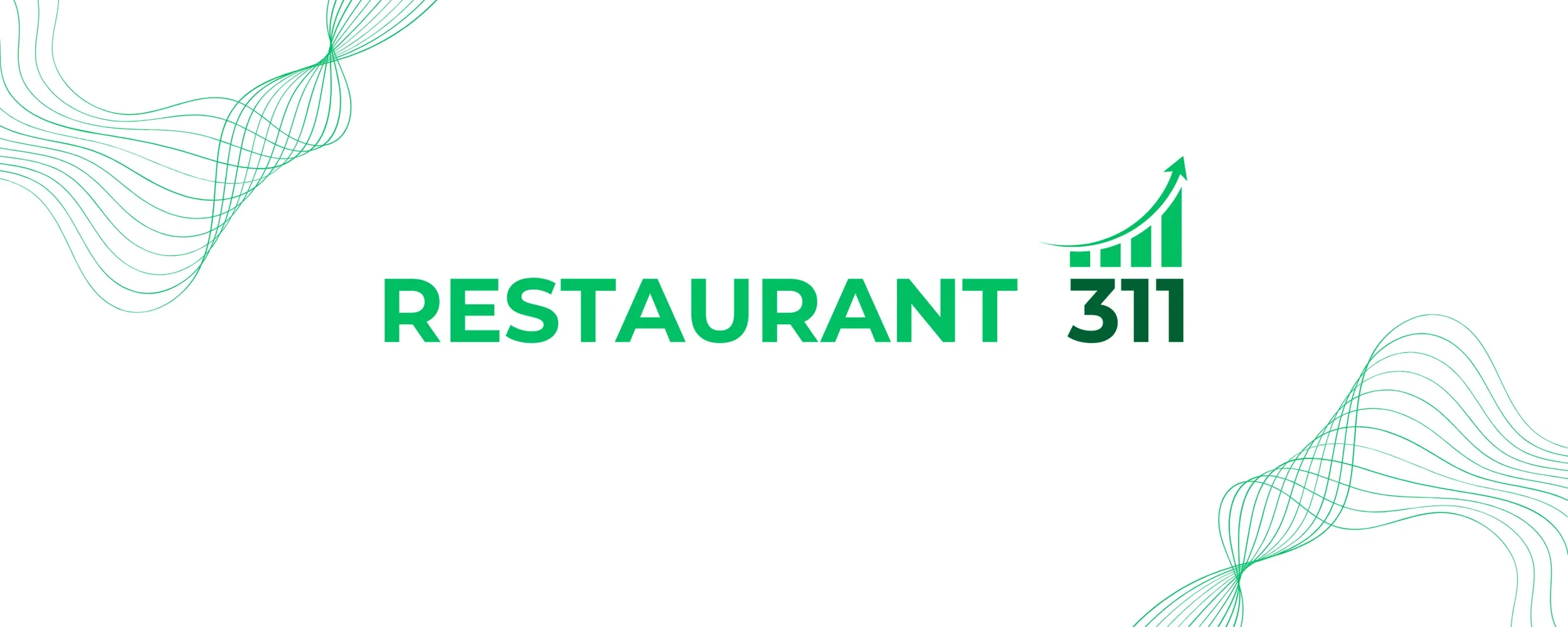 Logo for Restaurant 311 with green text and a rising arrow, along with abstract green line patterns in the background.