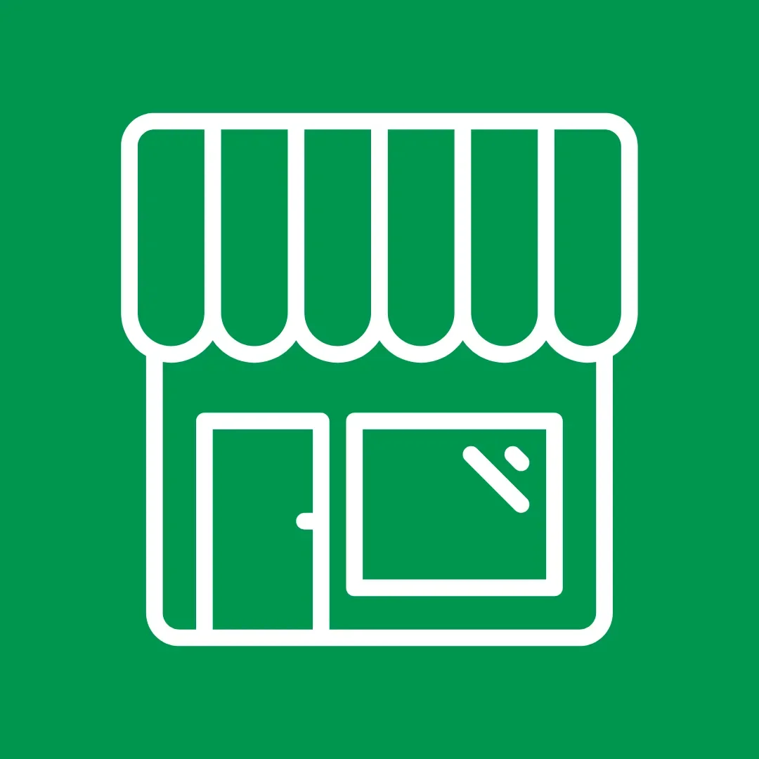 Icon of a storefront with a door, window, and striped awning on a green background.