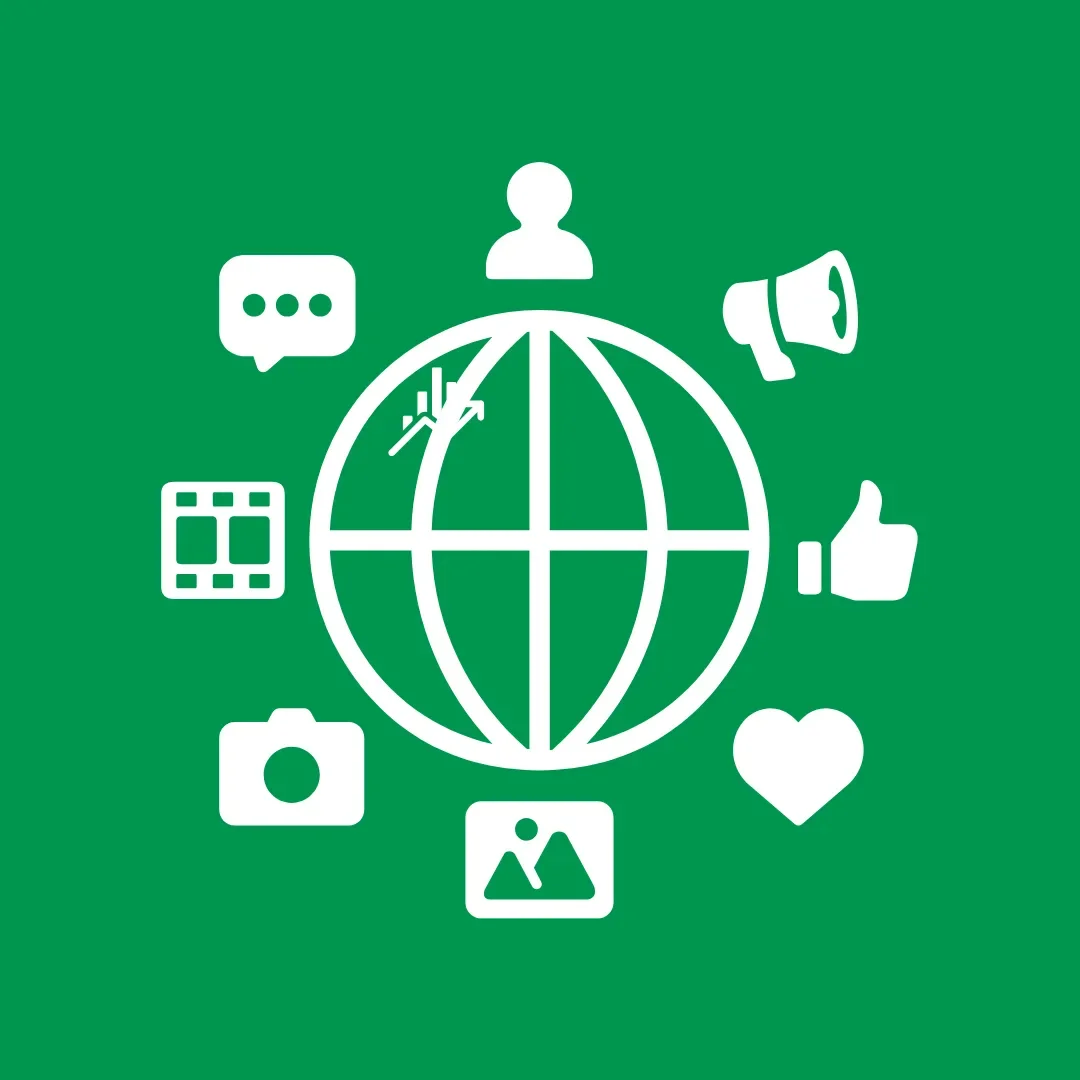 Icons representing social media, communication, and content sharing around a globe on a green background.