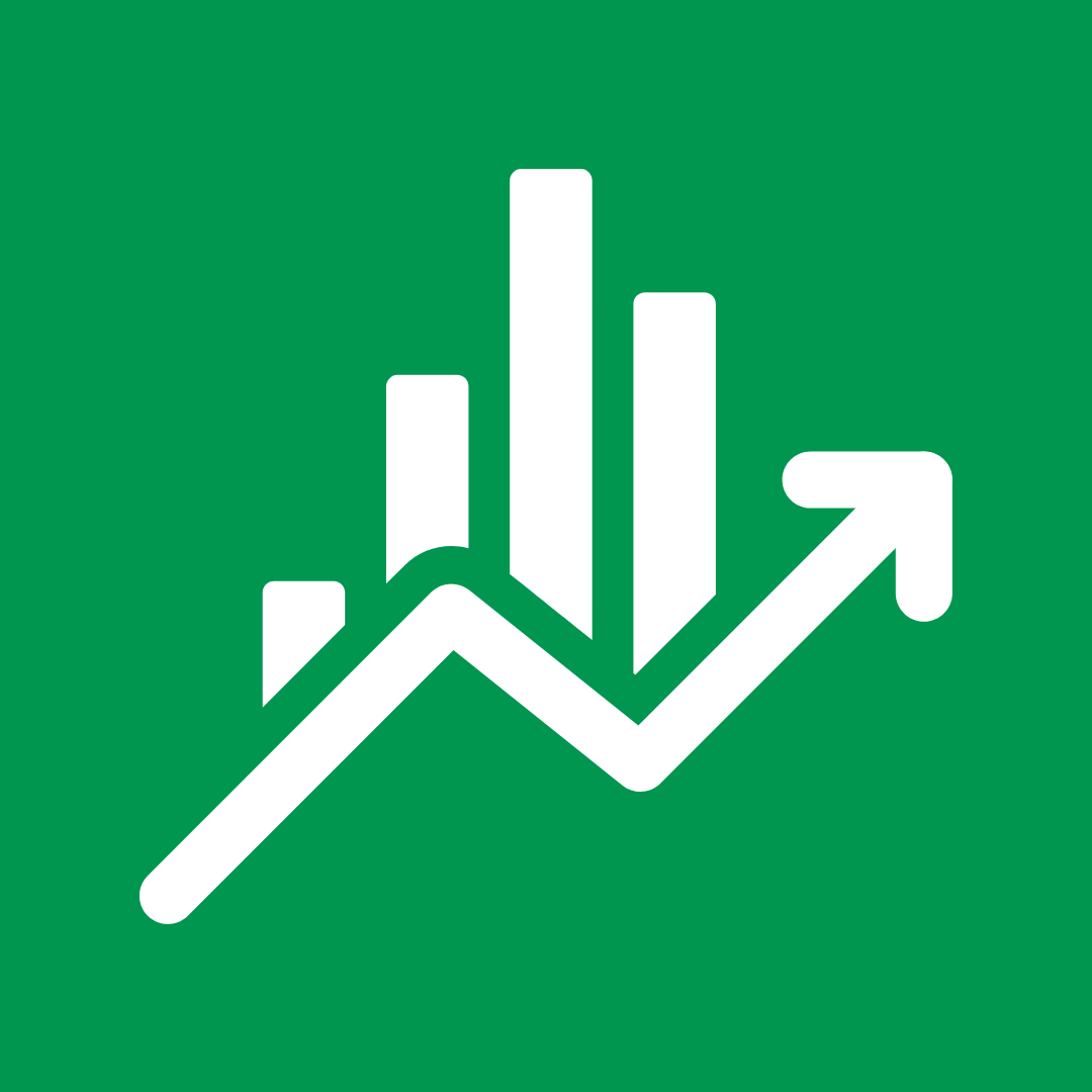 Green background with a white upward trending arrow, bar chart, and line graph indicating growth or progress.