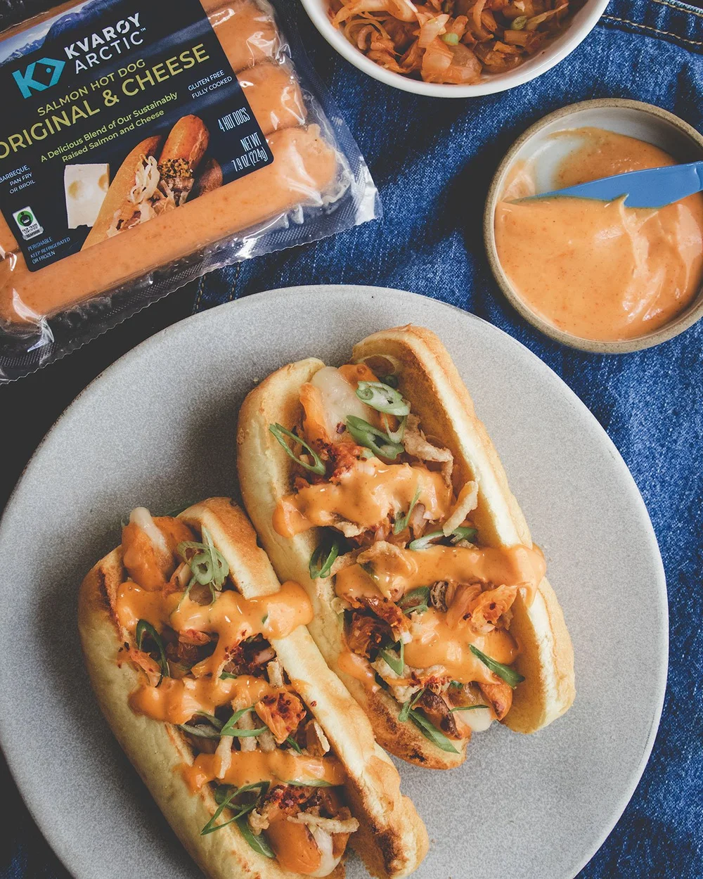 Salmon Hot Dog with Mozzarella, Kimchi Relish, and Gochujang Mayo