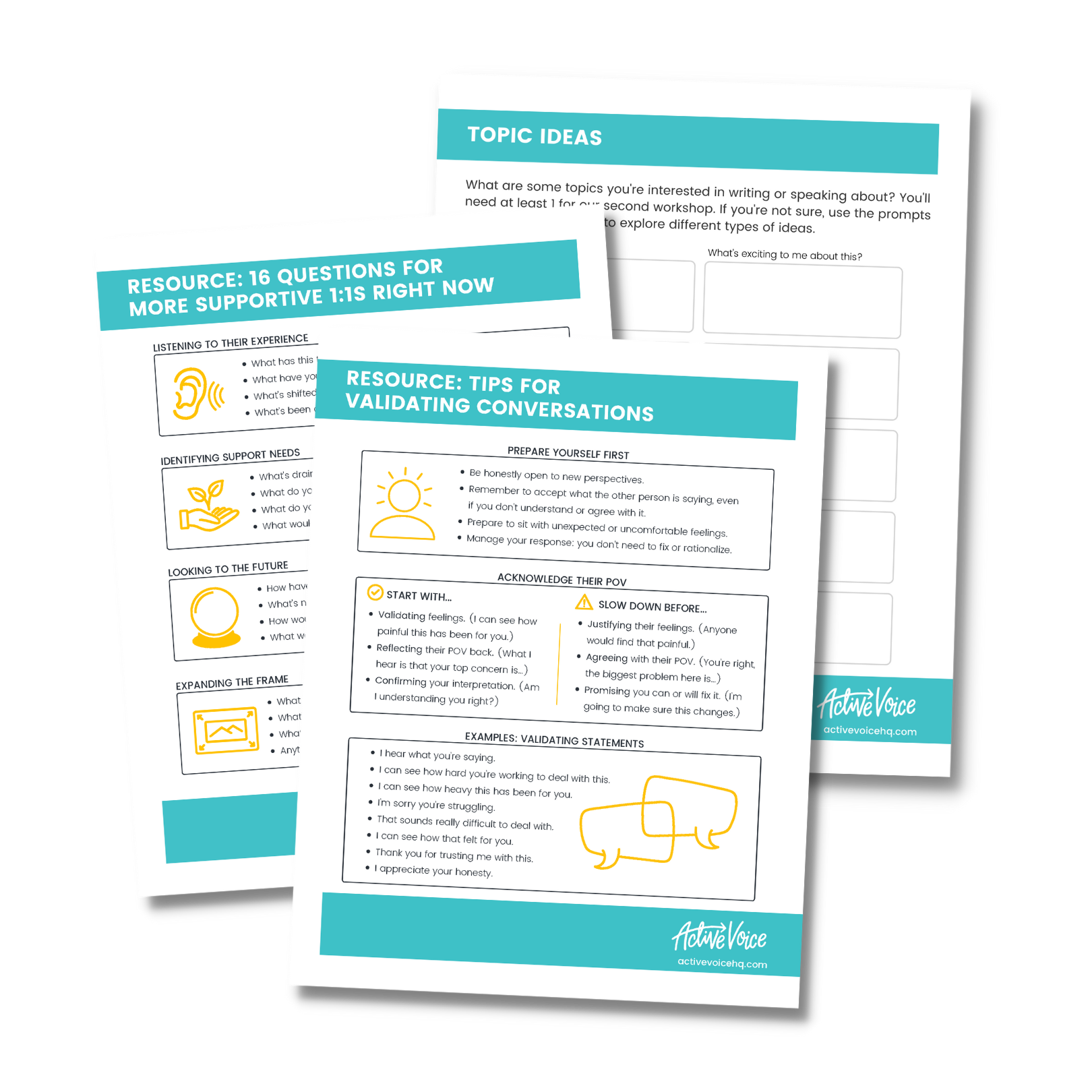 Image of 3 leadership worksheets fanned out in display.