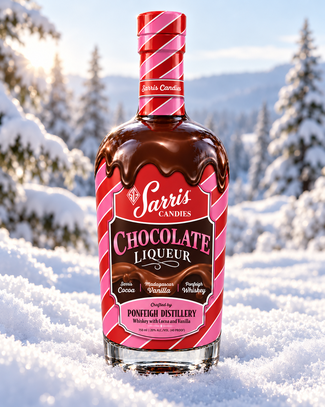 Sarris-Ponfeigh Chocolate Liqueur Amidst Snowy Evergreens.png