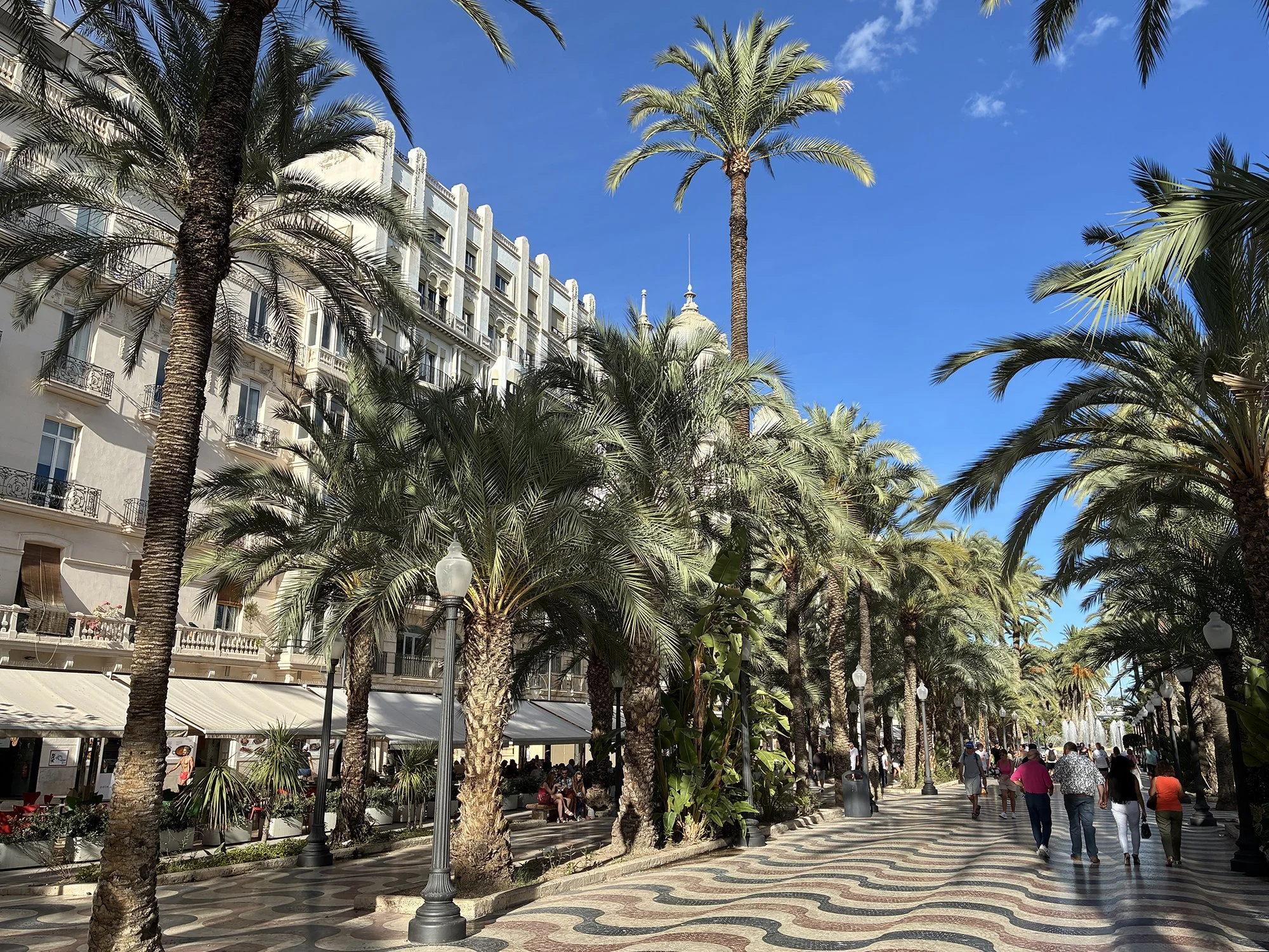 A picturesque street in Alicante, Spain, adorned with palm trees and locals walking, capturing a peaceful vibe.