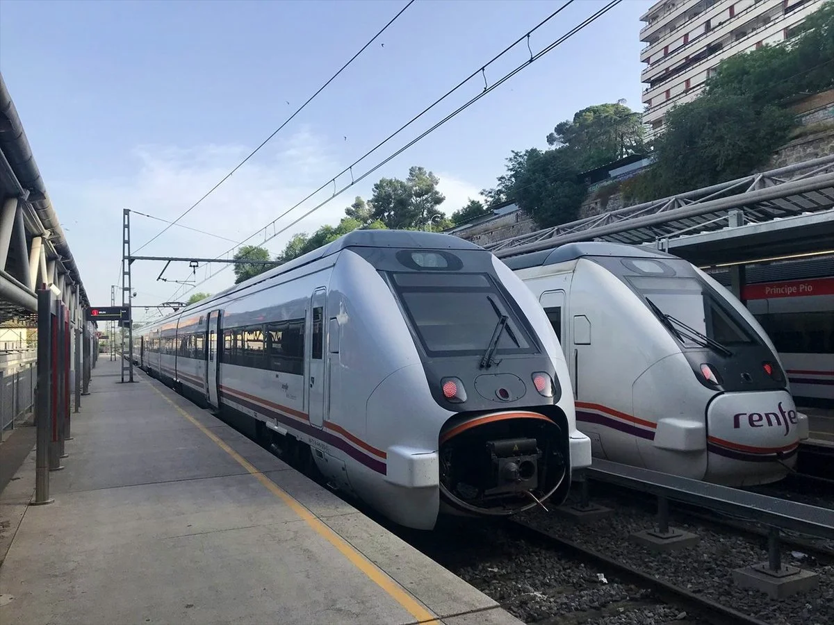 Trains lined up in Santander train station.