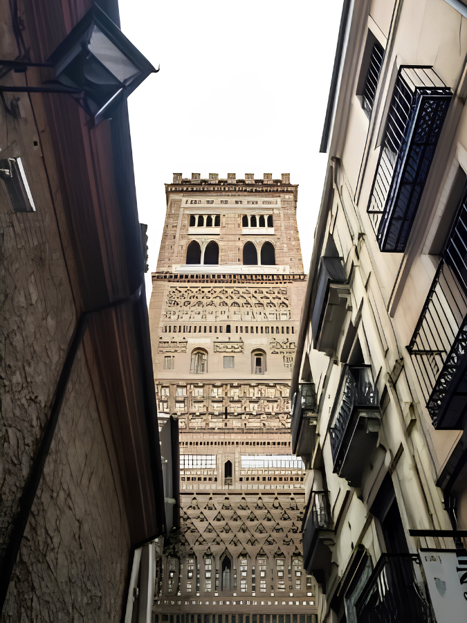 intricate mudejar design of a tower in Teruel, Spain