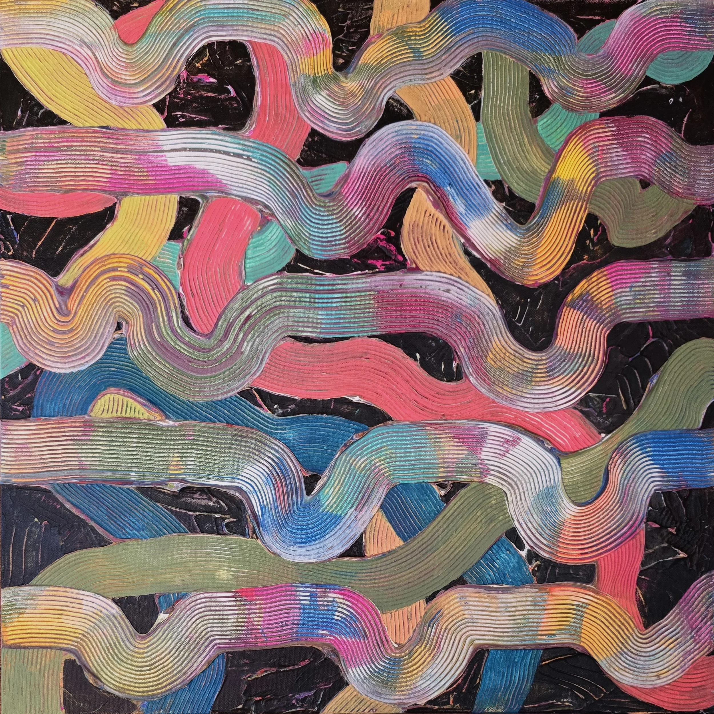 Caroline Gonzales
"Bumps in the Road"
(Journey's Taken / Journeys to Take #26)
Mixed Media on Canvas
24" by 24"
$1,000
