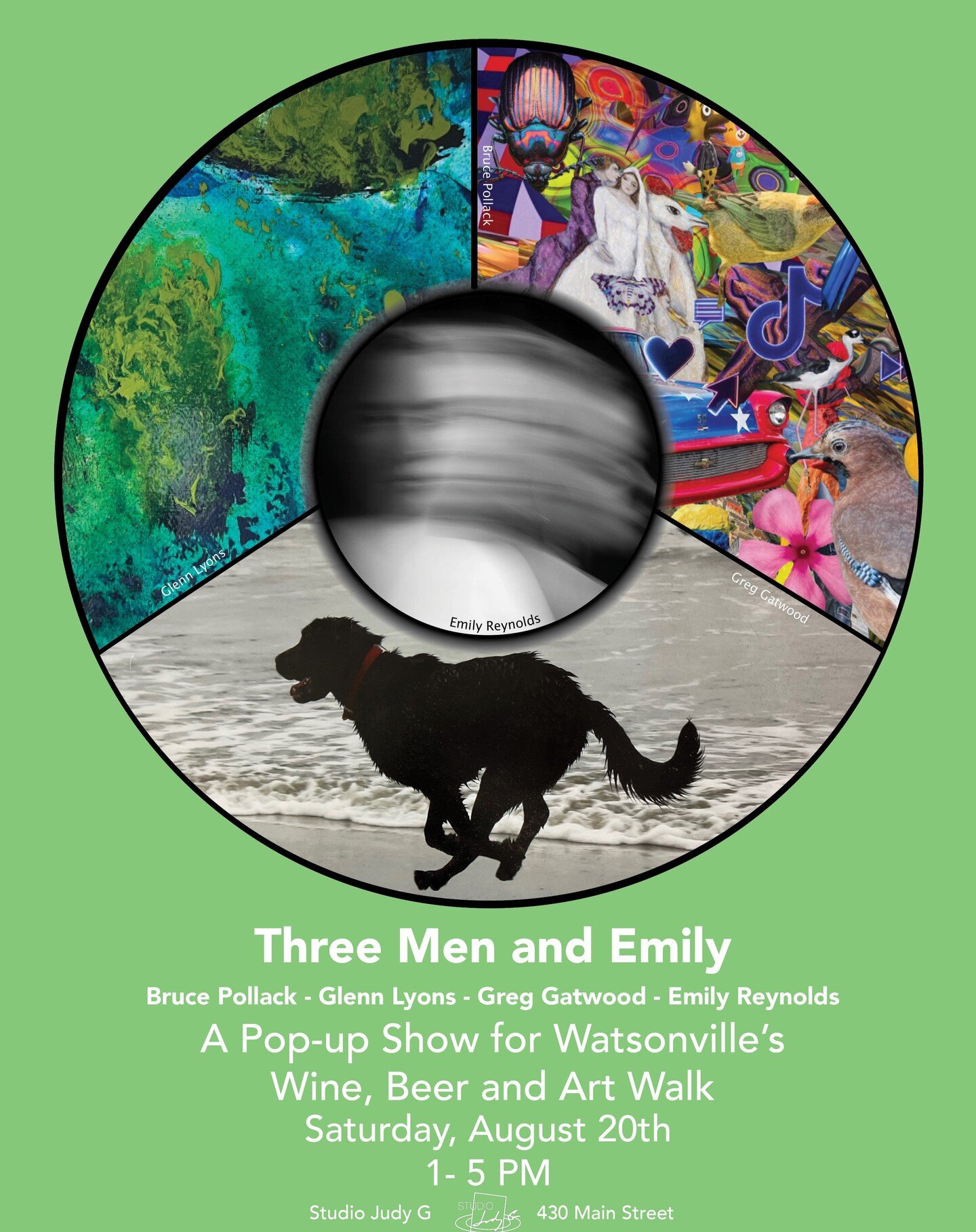 @Studiojudyg is hosting @integrity.wine for Watsonville's Wine, Beer and Art Walk this Saturday 1 - 5 PM!!! We will also be hosting four new artists for a pop up exhibition, Three Men and Emily: artists Emily Reynolds, Bruce Pollack, Greg Gatwood, an