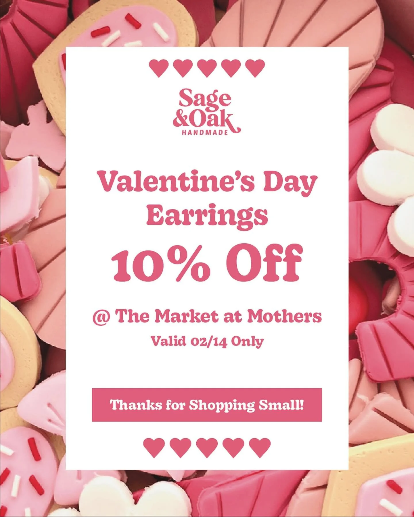 Happy Valentine&rsquo;s Day! All Valentine&rsquo;s Day earrings are 10% off today at @themarketatmothers at @motherstewarts from 11-2PM! 💝🫶🏻