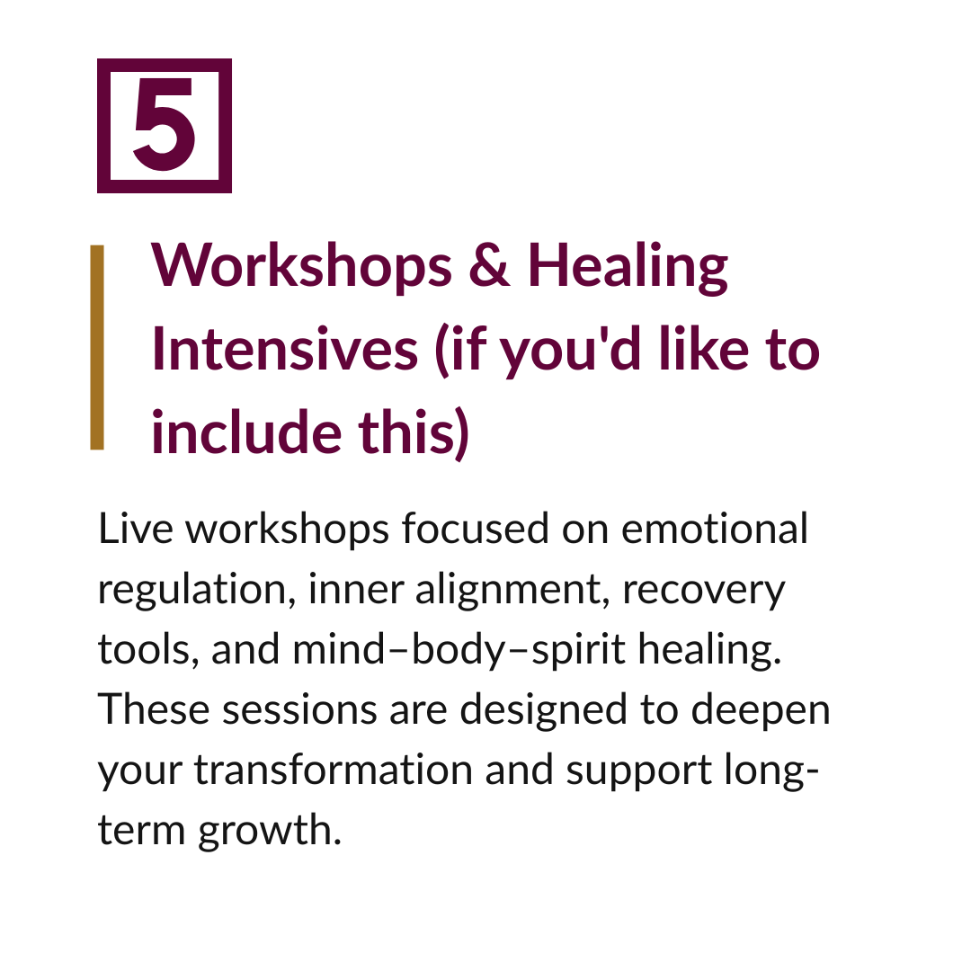 Text with a purple number 5 in a square at the top left corner, and the heading 'Workshops & Healing Intensives (if you'd like to include this)' followed by a description of live workshops focused on emotional regulation, inner alignment, recovery tools, and mind-body-spirit healing.