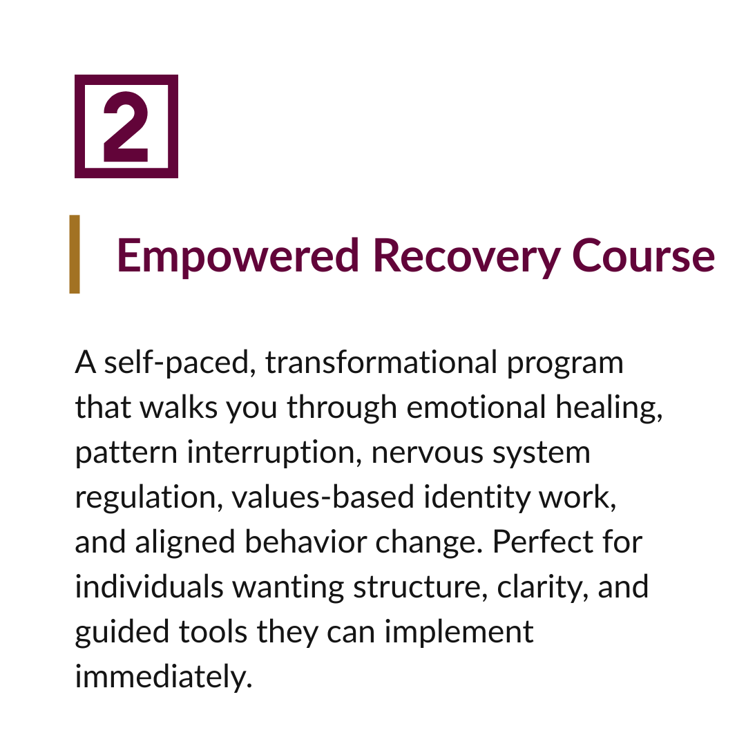 Course title page for 'Empowered Recovery Course' with description of a self-paced emotional healing program.